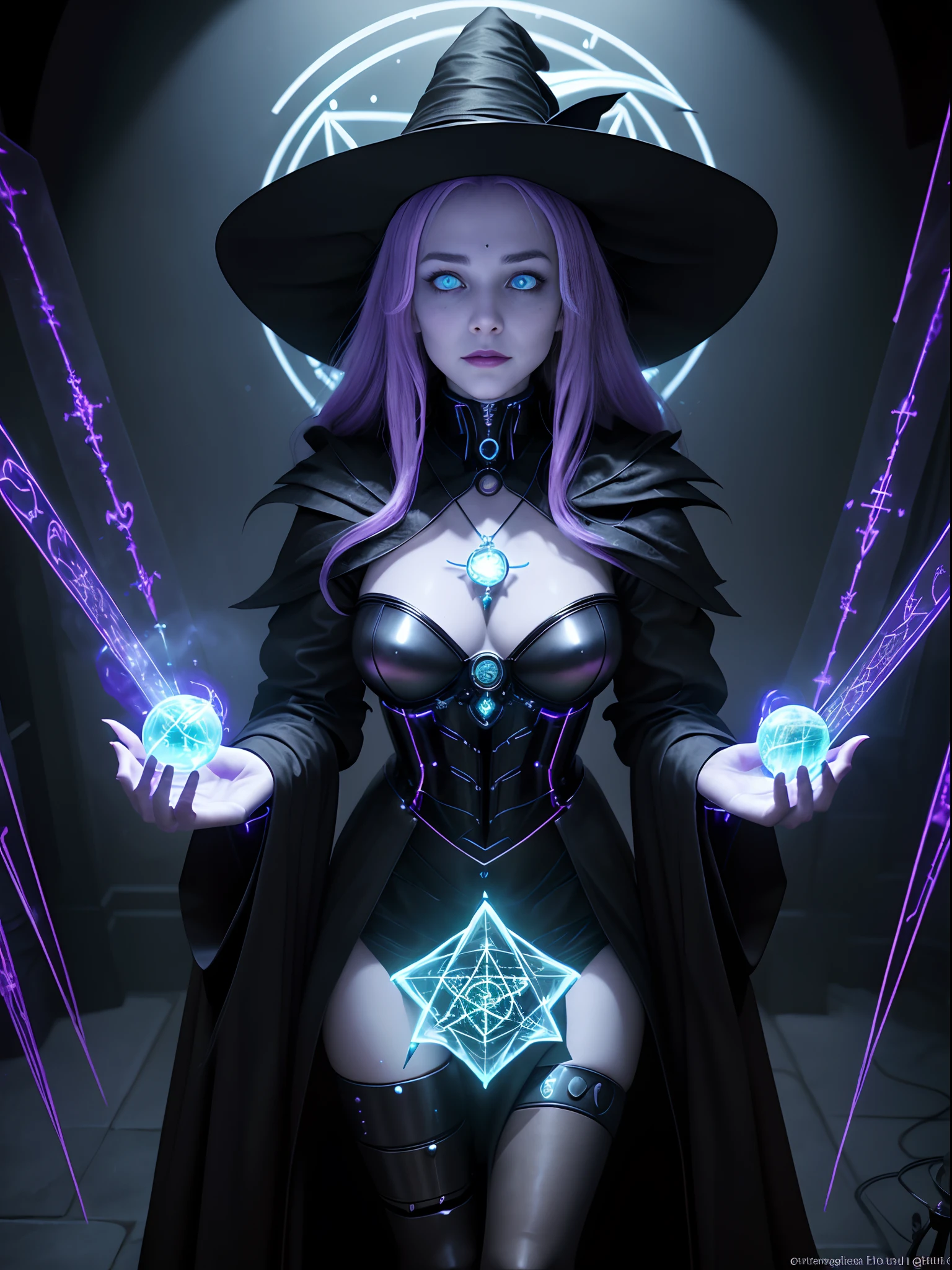 create a scene that depicts a modern-day witch who has embraced the world of cybernetics to enhance her magical abilities. The artwork should convey the enchanting blend of traditional witchcraft and futuristic technology. Here are some specific elements to include:

The Witch's Lair: The setting should be a cozy yet slightly eerie room, filled with magical books, crystal balls, potion ingredients, and antique furnishings. The room should be dimly lit by candles and a soft, mystical glow emanating from her cybernetic enhancements.

The Cyborg Witch: The central focus of the artwork is the witch herself. She's a striking figure with a mix of traditional witch attire and cybernetic enhancements. Her clothing should have a witchy, occult aesthetic, with flowing robes, a pointed hat, and an intricate pentagram necklace. Her arms, however, have been upgraded with cybernetic components that incorporate magical symbols and glowing runes.

Magical Interface: The witch is in the midst of casting a spell, with a holographic, touch-screen interface floating before her. This interface includes spell incantations, arcane symbols, and digital components, demonstrating her fusion of magic and technology.

Spell Ingredients: On a nearby table, there should be a collection of spell ingredients, like herbs, potions, and magical artifacts. Some of these items may have been modified with cybernetic enhancements, blurring the line between the natural and the technological.

Familiar: The witch's familiar, perhaps a cat or raven, should be present in the scene, serving as her magical companion. The familiar could also have subtle cybernetic enhancements or glowing eyes.

Glowing Runes: The room should be adorned with ancient symbols and glowing runes on the walls and floor, contributing to the magical atmosphere.

Aetherial Lighting: Use a combination of mystical, ethereal lighting and cybernetic glows to create a captivating interplay of light and shadow. The contrast between the tradit