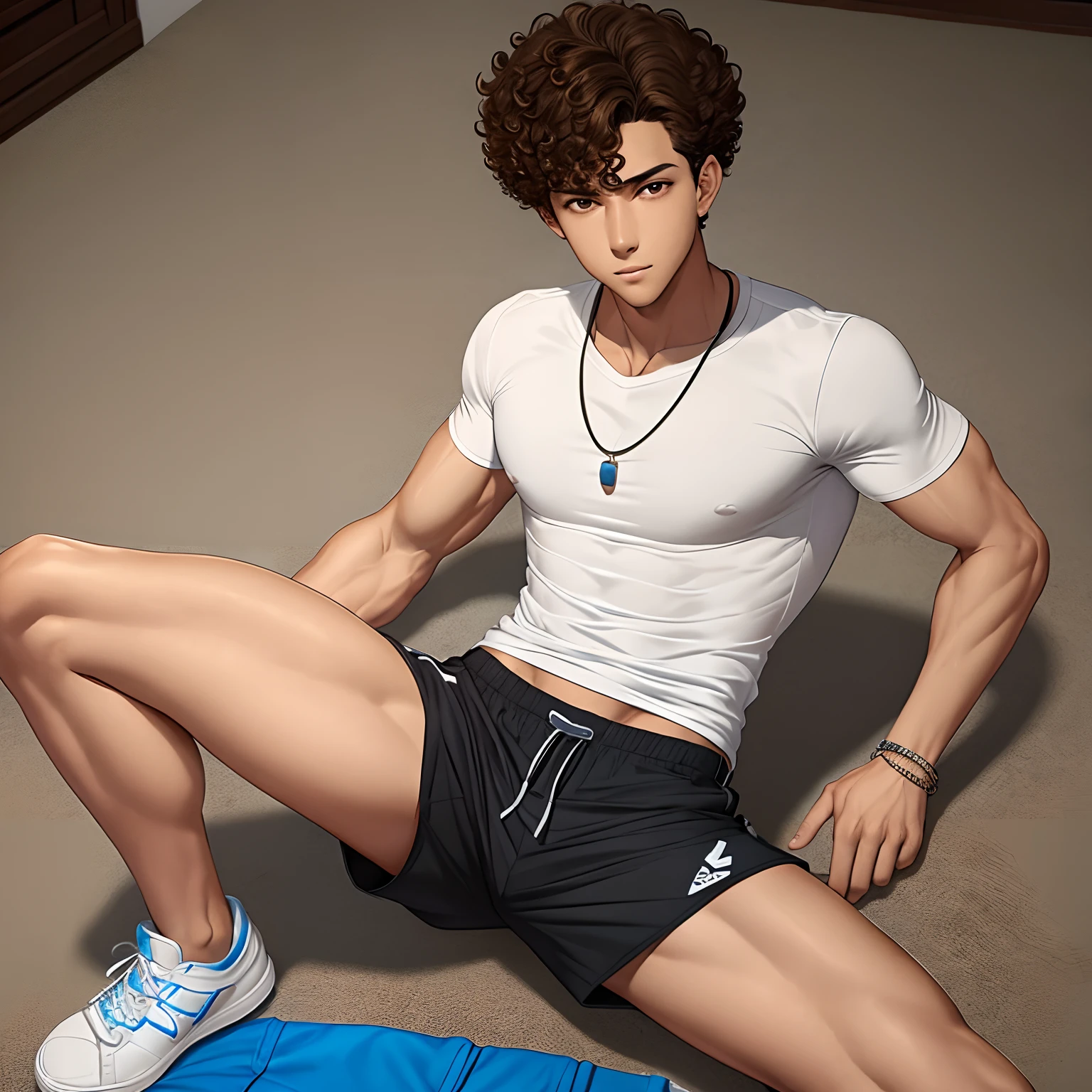 Tan tall boy, slim physique, curly hair, brown eyes, blue shorts, white t shirt, abs, bracelets, necklaces, black and white sneakers, big butt, posing on the floor