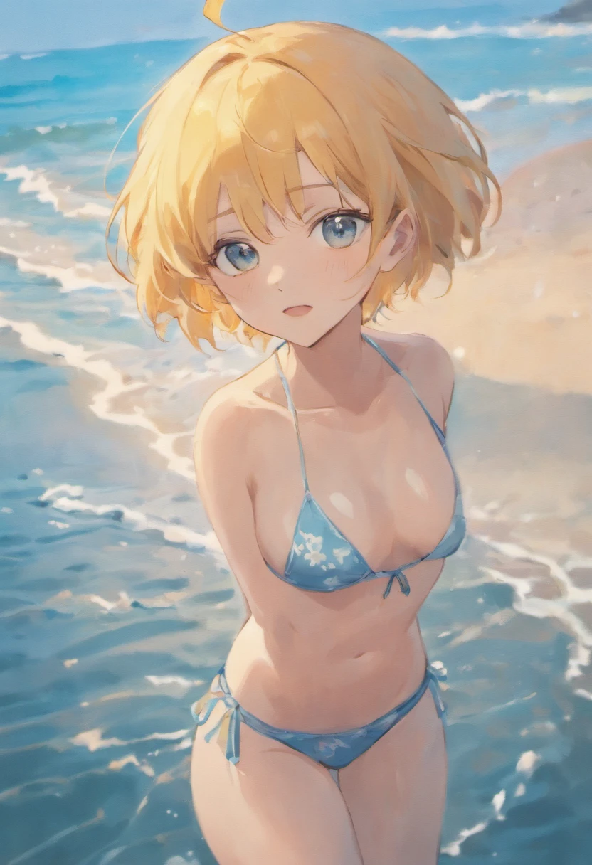 Masterpiece, Best quality, High quality,high light,Delicate face and eyes,Seaside elements,Clear sky and horizon,lovely boy,extra very short hair,Wet panties,((Half-topless)),MUJI