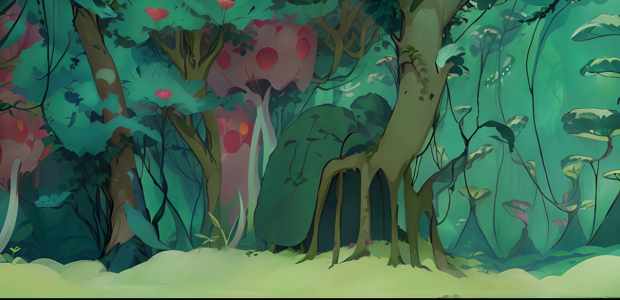 cartoon of a forest with a lot of different animals in it, alien forest in background, forestpunk background, forrest background, elf forest background, background art, background artwork, animated episode still, anime lush john 8k woods, forest backdrop, overgrown with shiny blobs, strange alien forest, forest in the background, magical forest background, forest in background