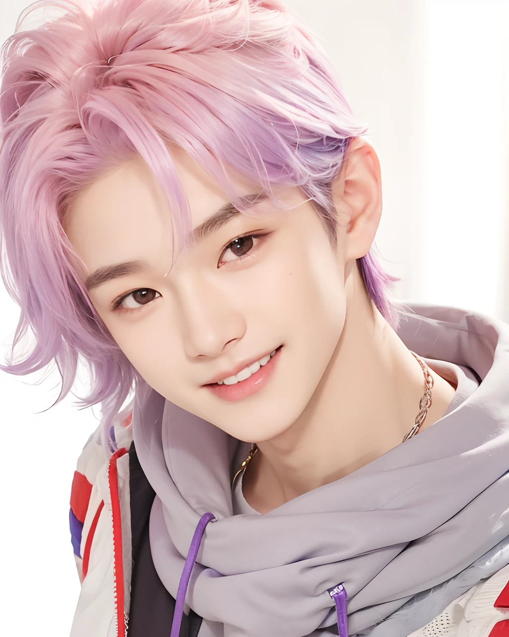 A teenage boy with realistic purple hair, realistic Korean handsome face, realistic smiling expression, adapts exactly realistic clothes,Realistic light, realistic shadows, realistic background