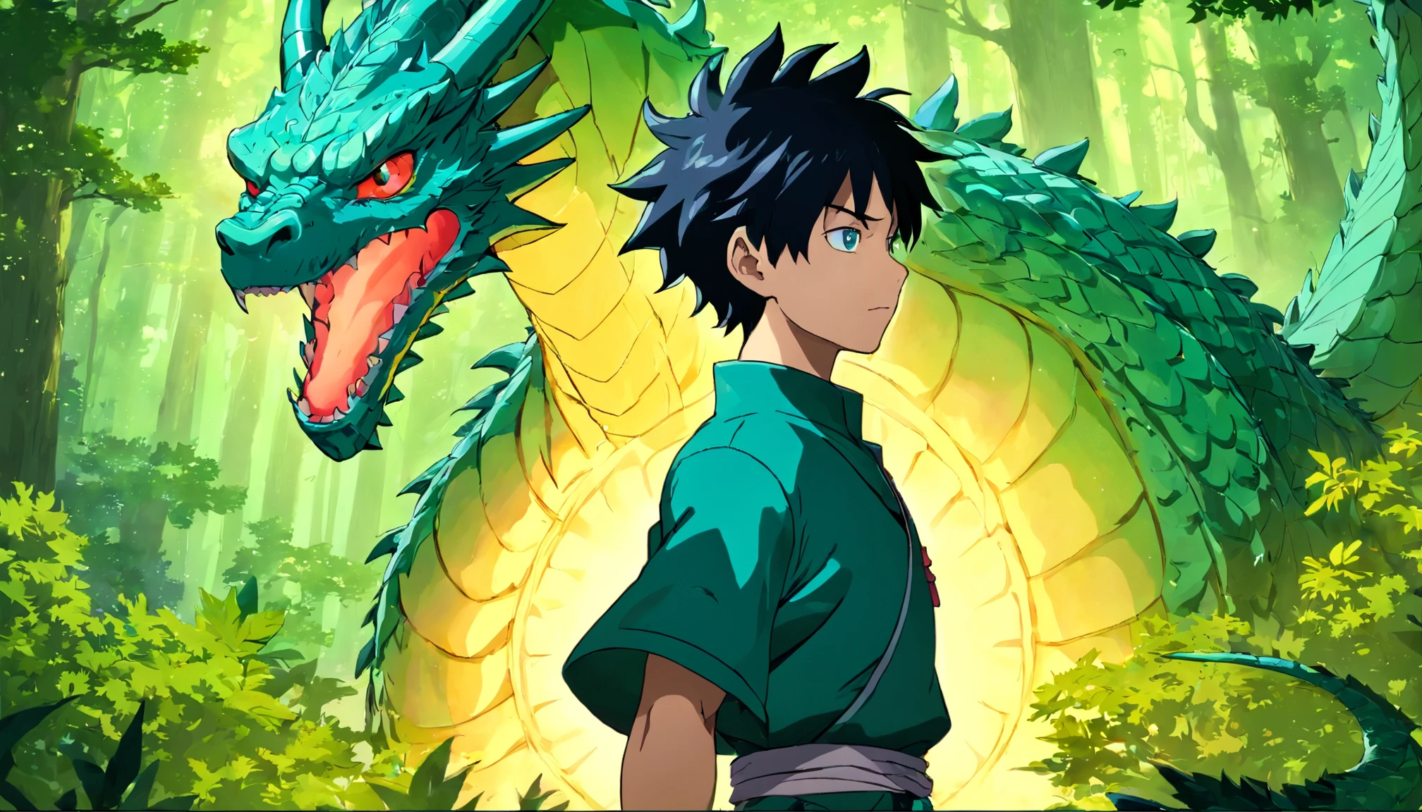 "Create a captivating and detailed front-end illustration of a male character from the 'Jujutsu Kaisen' anime series. This character possesses striking features, including jet-black hair with vibrant electric-blue hair lines and captivating green eyes that convey an air of mystery and power. He is adorned in a sleek, all-black outfit that enhances his enigmatic presence.
Place the character in the center of the composition and encircle him with a majestic green dragon. The dragon should have intricate, ethereal details and a serene yet powerful demeanor, emphasizing its connection to the character and the mysterious forest backdrop. The background features the same lush, mysterious forest, with towering trees and vibrant, otherworldly flowers that emit an enchanting glow.
The sky above should be illuminated by a warm, golden sun, and adorned with soft, billowing clouds, creating a visually stunning and harmonious scene that embodies the essence of 'Jujutsu Kaisen' and the character's enigmatic nature."
