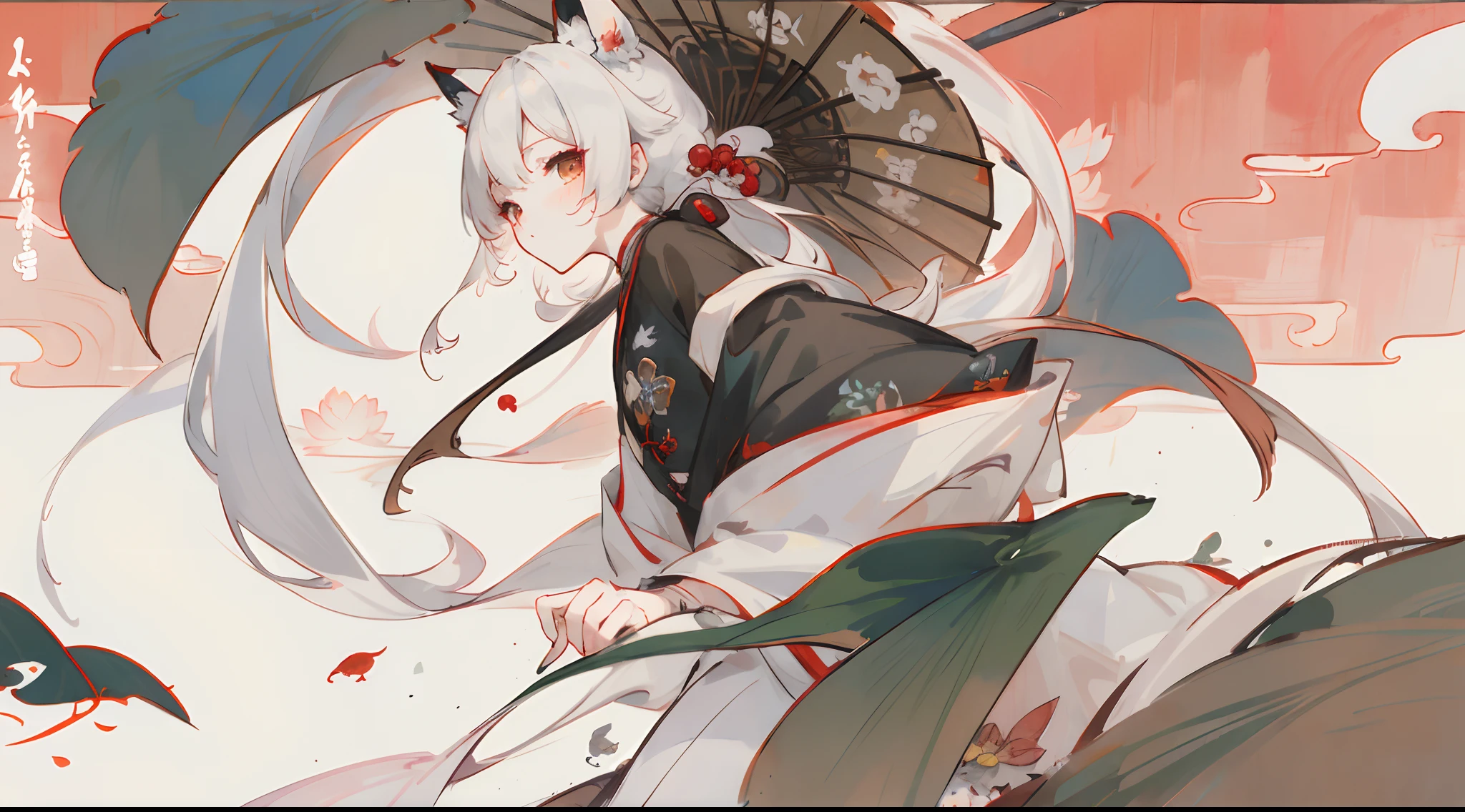 ((4k,masterpiece,best quality)), shuimobysim, traditional chinese ink painting, lotus, hanfu, maxiskit, kimono
,1 boy, solo, white hair, long hair, fox ears, white,fish, many fish near girl, look at viewer, tease