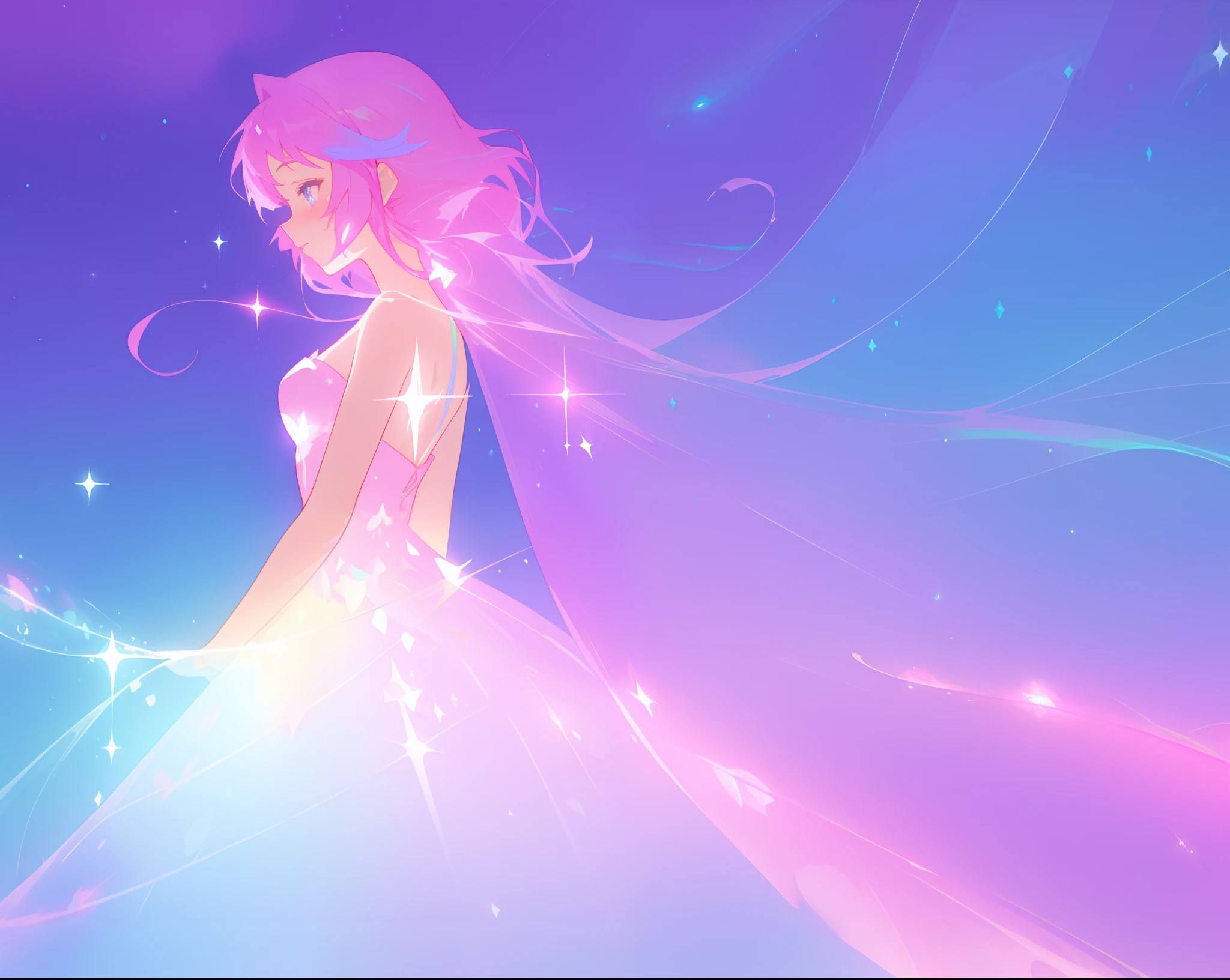 beautiful girl in colorful sparkling flowing ballgown, long flowing purple pink hair, colorful sparkling lights, flowing liquid theme, colorful fantasia background, watercolor illustration, disney art style, glowing aura around her, glowing lights, beautiful digital illustration, fantasia otherworldly landscape plants flowers, beautiful, masterpiece, best quality, anime disney style