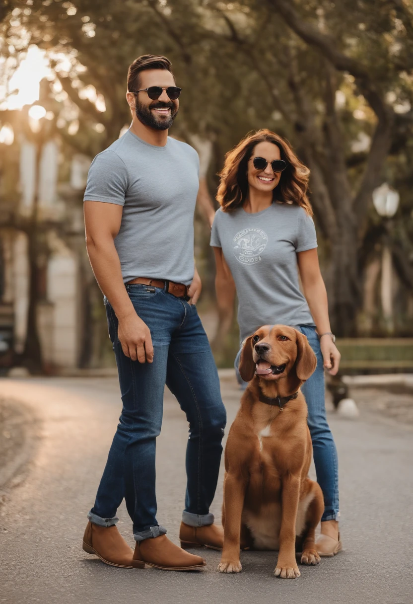 Pixar. Casal com um filhote de cachorro beagle marrom. A menina tem os cabelos loiros amarrados, Camiseta cinza e jeans claro, white glasses. O menino de cabelos pretos com cabelos grisalhos, barba pequena, oculos, Dark blue jeans and gray t-shirt. They are both smiling and are 40 years old