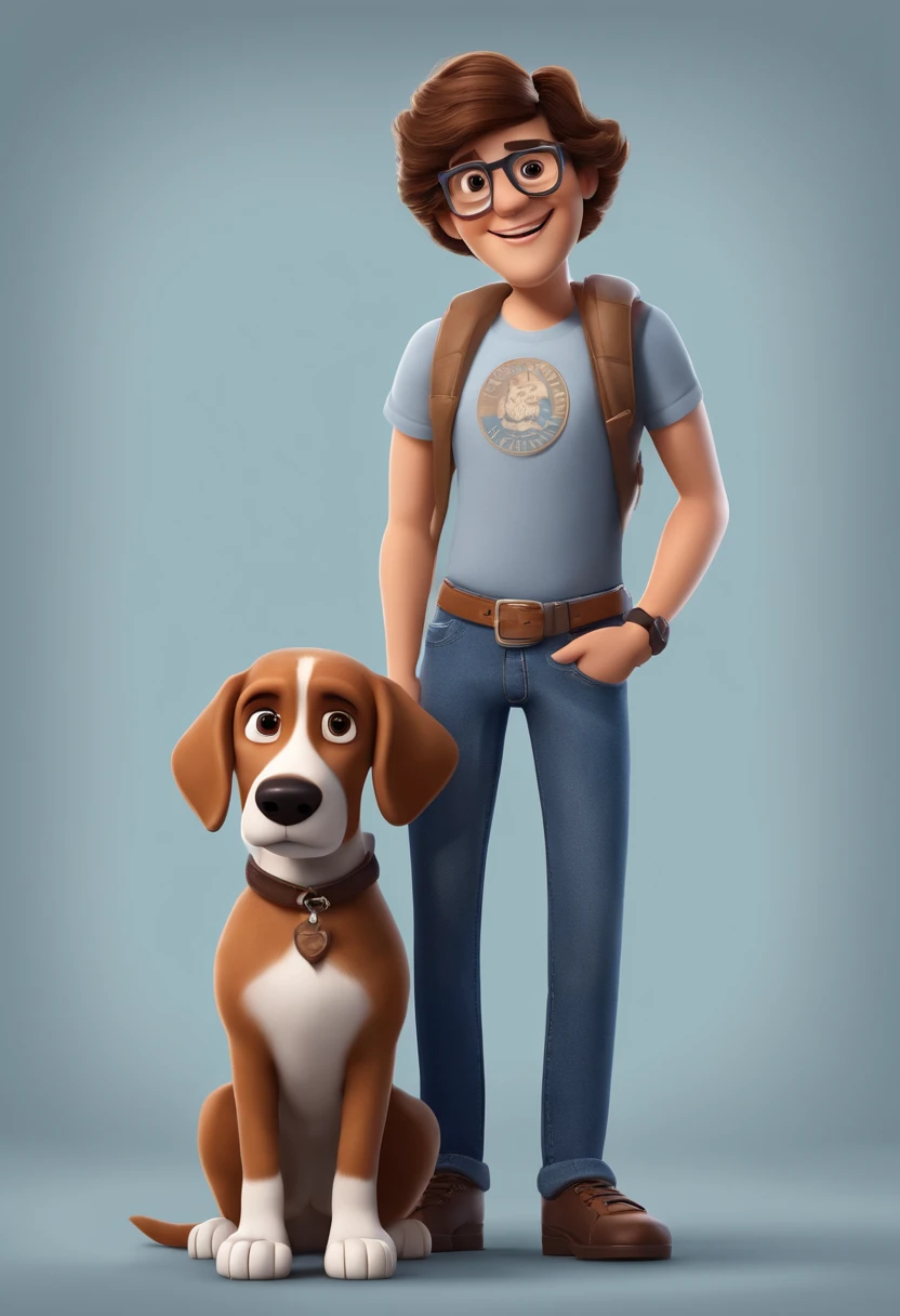 Pixar. Casal com um filhote de cachorro beagle marrom. A menina tem os cabelos loiros amarrados, Camiseta cinza e jeans claro, white glasses. O menino de cabelos pretos com cabelos grisalhos, barba pequena, oculos, Dark blue jeans and gray t-shirt. They are both smiling and are 40 years old