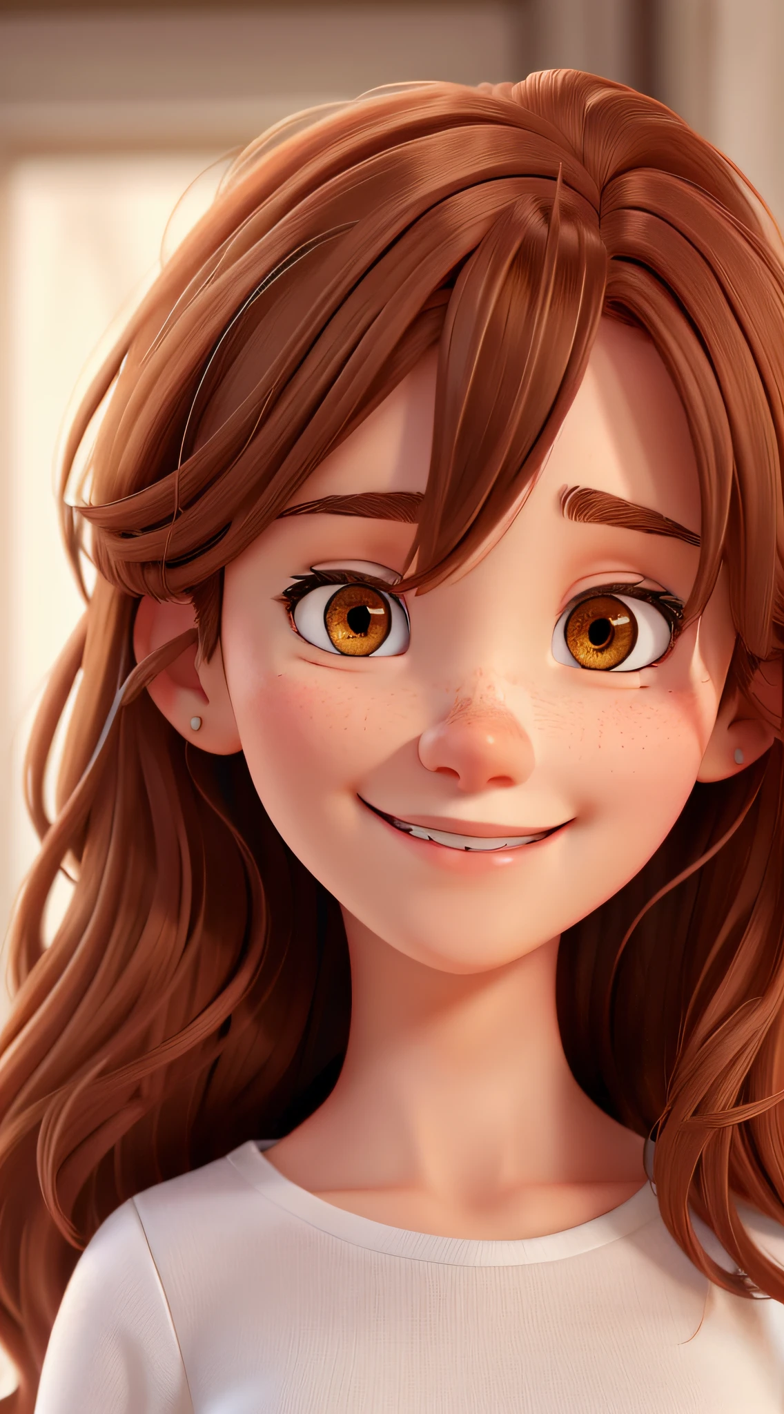 white woman with brown eyes. Reddish brown hair, with bangs on the forehead, smiling.