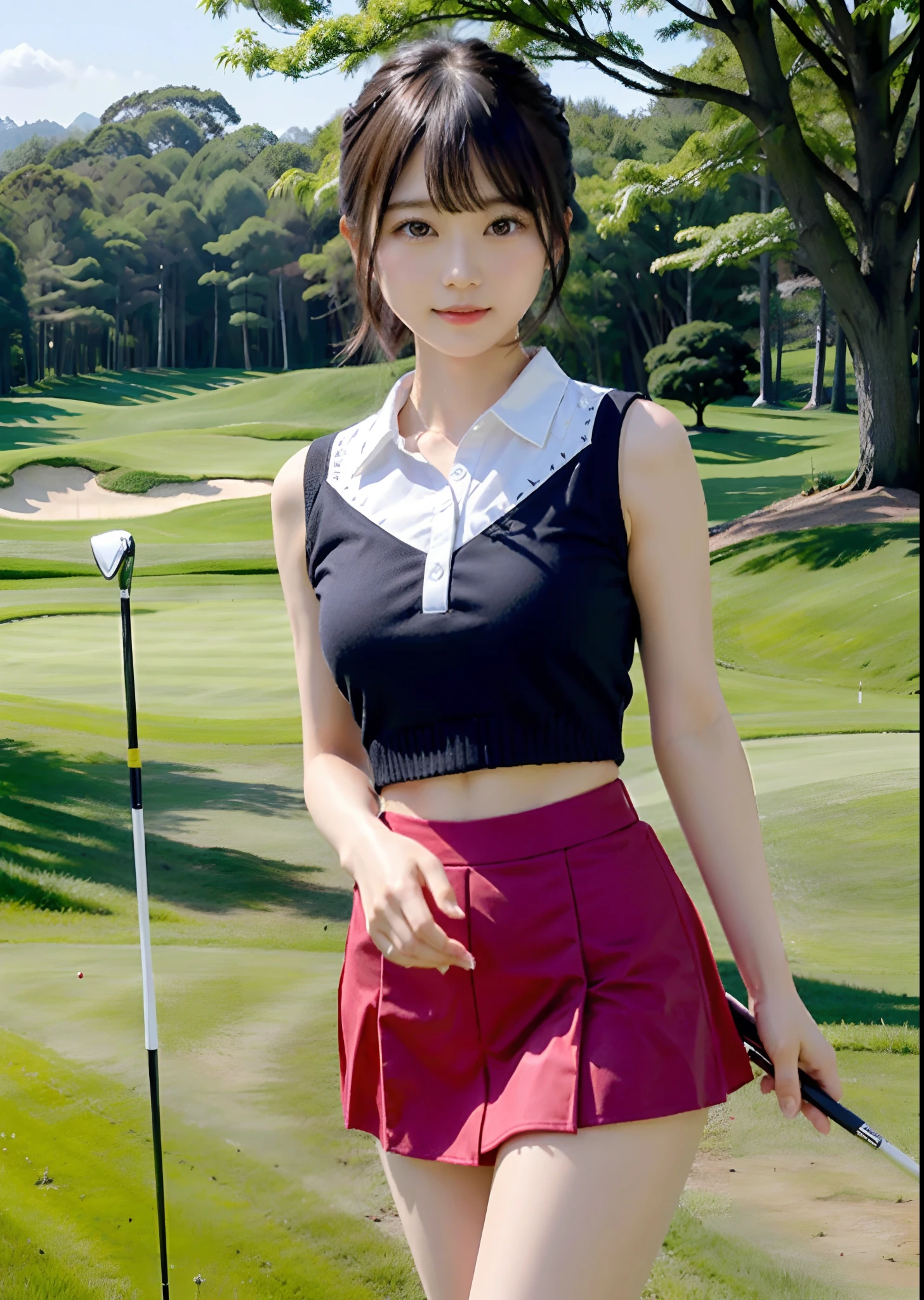 Japan Women's Professional Golfer Women、Inside the golf course、Have one golf driver、20yr old,realisticlying,japanaese girl,Phenomenally cute、(de pele branca),,short-hair、(No bra)、tight skirts、Pinkwear、shining legs、Glowing chest、Saori
