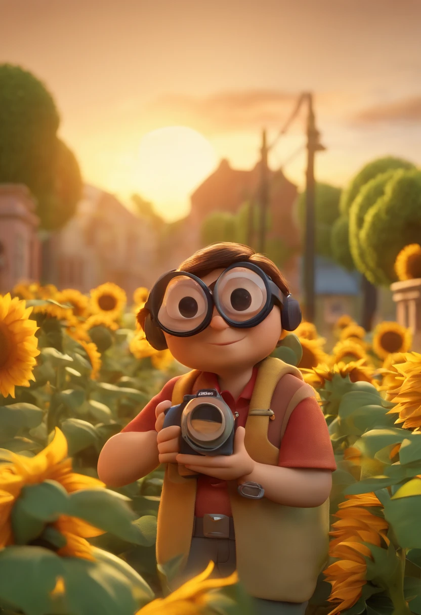 Create a Disney PIXAR-style 3D poster. Homem de corpo inteiro magro, cabelo escuros e curtos, Wearing Frameless Glasses, holding a Nikon camera on a street at sunset. tudo isso no estilo Disney PIXAR 3D, In the background, A house of sunflowers, Gloria Studio, The garden is full of nature 3D render RTX clay material, estilo de design cartunesco, POP Mart, soft lighting, linhas suaves, Spring tilt, Detailed illustrations of PIXAR 3D, Detalhes hiper-realistas, cor quente no estilo Disney PIXAR 3D)
