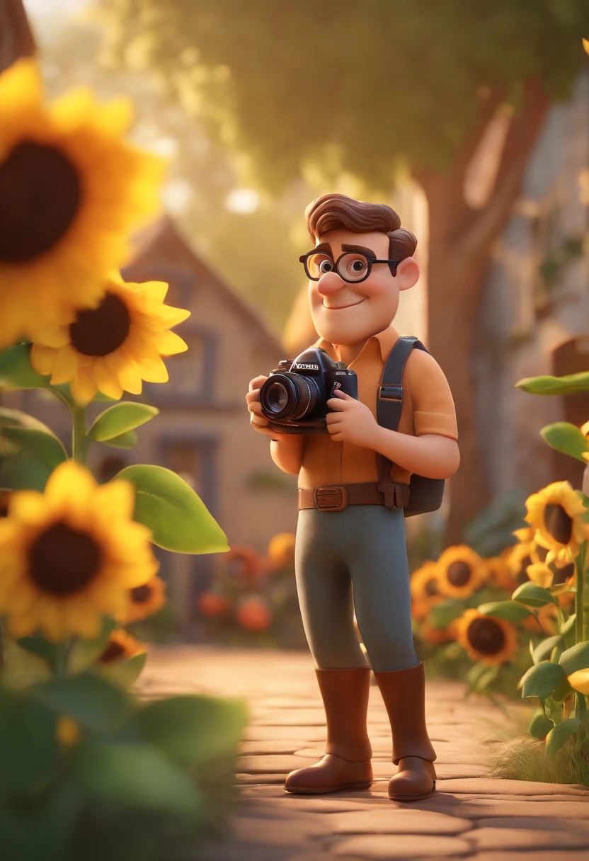 Create a Disney PIXAR-style 3D poster. Homem de corpo inteiro magro, cabelo escuros e curtos, Wearing Frameless Glasses, holding a Nikon camera on a street at sunset. tudo isso no estilo Disney PIXAR 3D, In the background, A house of sunflowers, Gloria Studio, The garden is full of nature 3D render RTX clay material, estilo de design cartunesco, POP Mart, soft lighting, linhas suaves, Spring tilt, Detailed illustrations of PIXAR 3D, Detalhes hiper-realistas, cor quente no estilo Disney PIXAR 3D)