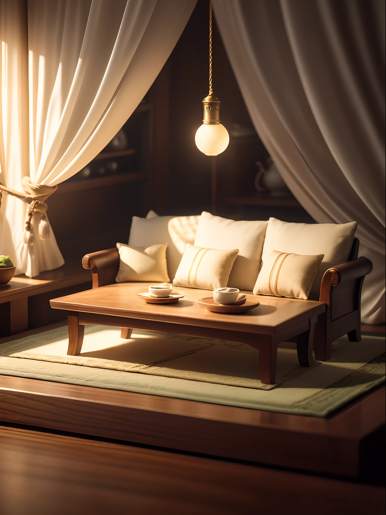 Tatsuya Tanaka，Miniature landscape photography，Small scene photography，Teahouse scene，on a wooden plate，Premium white sofa in the middle，Lovely throw pillows on the sofa，spotlight lights，cold shades，Golden section，Advanced photography style，Beyond the realist style，Surrealistic rendering details，high qulity，8K