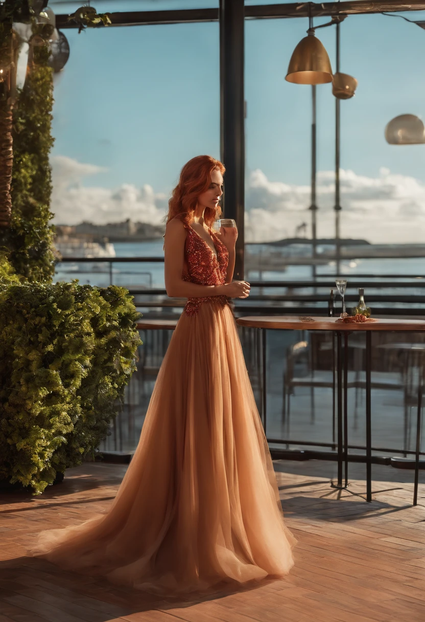 A girl with copper-colored hair, pele clara e vestido vermelho, sentada em um restaurante, Holding a glass of rink, olhando um homem velho, sem barba, de terno, tocando piano no palco, estilo de sonho futurista, mas realista, inspired by Pixar animation, de perto.
