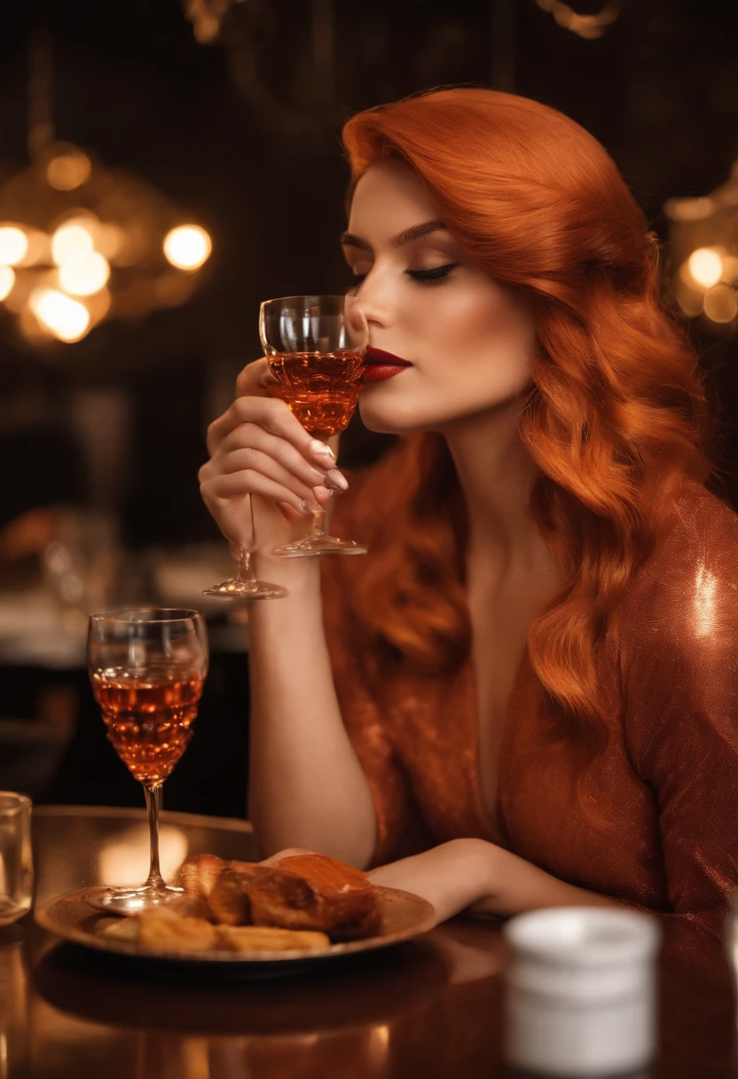 A girl with copper-colored hair, pele clara e vestido vermelho, sentada em um restaurante, Holding a glass of rink, olhando um homem velho, sem barba, de terno, tocando piano no palco, estilo de sonho futurista, mas realista, inspired by Pixar animation, de perto.