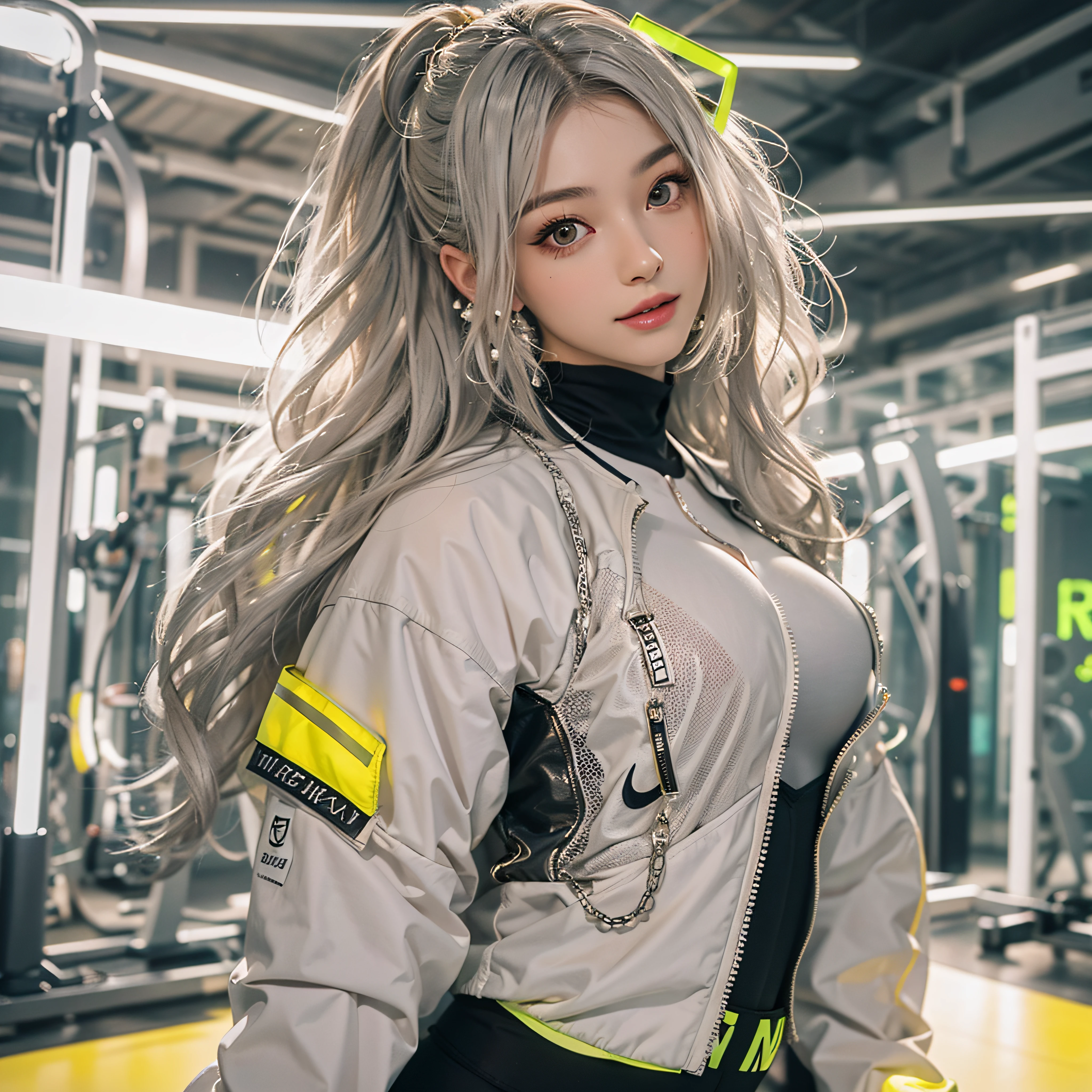 Best quality,tmasterpiece,Ultra-high resolution fills the picture,Indoor at night,Neon lights,Yellow color scheme,Rich egg yellow,Silvery-white hair,Yellow and white tights,Yellow and white color scheme clothing,Sporty skirts,the complex background,Weight instruments in the background,High-tech screen in the background,Lateral face,Smiling,Dress less,There are fitness elements in the rear,nike,nike,nike,Tech gym,Perfect makeup,Love eyes,8K quality,Cyberpunk,sense of science and technology,Character backlighting,rim-light,Movement changes,Flowing hairstyle,Loose hairstyle,The number of fingers is refined,6 avatar diagrams,Luminous stud earrings,Luminous digital necklace,Electronic digital watches,The most beautiful girl in mankind,Delicate close-up of the face,Realistic image quality,Super light and shadow,Very good figure,Meticulous,Arrow symbol,Brand sense,English slogan neon,Runway lights,Fitness gym at night,Very good figure,Raised sexy