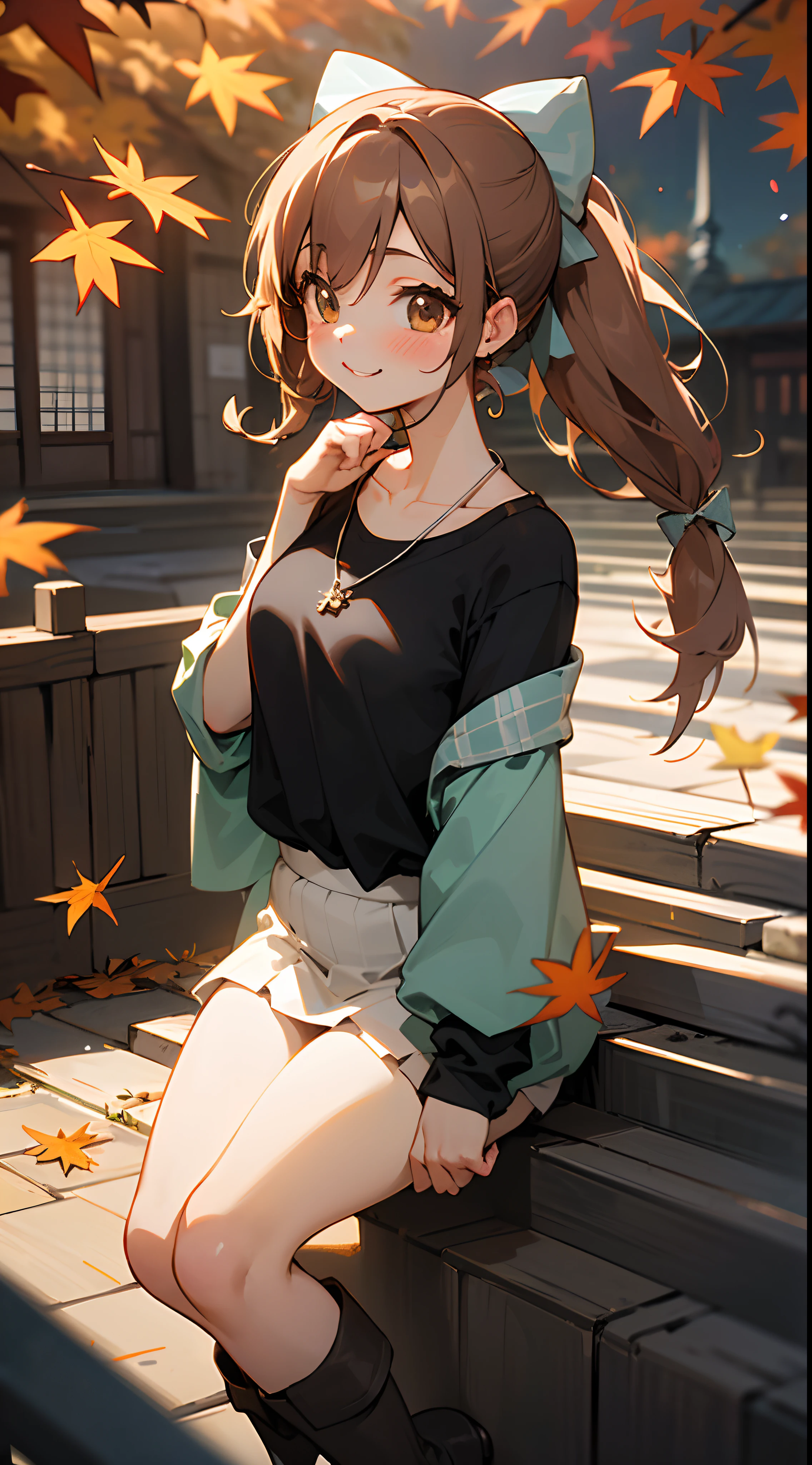 (masterpiece:1.3), (Best Quality:1.3),
(Cute:1.5),(Chibi:0.5),(kawaii:2.0),(Lori:2.0),(7 year old girl),(Solo:1.65),BREAK, (flat chest:1.2,), Clear skin, Beautiful skin, Shy, One Beautiful Girl,Colossal tits(Hair Bow, reddish brown hair, Twin-tailed:1.2), (Brown eyes, long eyelashes, Double eyelids: 1.2), Shiny skin, gleaming skin,Clear skin, Beautiful skin,( A smile:1.5), BREAK,
(Black theme:1.4), ((Hip-hop style, Self-coming department):1.4), (Loose and sloppy black wear:1.3), (Oversized black T-shirt with extended hem:1.5), (Exposed T-hem:1.4), ((Long sleeves, baggy sleeves):1.2), (Black and white tartan check pleated skirt:1.1), (Thighs with black and pink stripes:1.3), (Necklace:1.2), (Black T-shirt with pink text:1.2), (Platform High Boots:1.1), (Cross Shaped Accessories:1.2),Bare shoulders, (Autumn leaves:1.3),
BREAK,
(Background Japan castle):1.5,(Cobblestone staircase):1.5,
(On the roof, Beautiful Moon), BREAK,
(plein air):1.9,(Midnight:1.9),
BREAK,
((funny, Talk to each other ,Smile,Big laugh)) ,((Bright atmosphere)),BREAK,(Blurry background:1.3),(absurderes, hight resolution, Super Detail Art),cel shading,Clear Color, Lonely optical effect, Beautiful pictures, Bright glow, mystic atmosphere,(Close-up of girl:1.1), Mystical light particle effect,manga influence, clean line drawings,