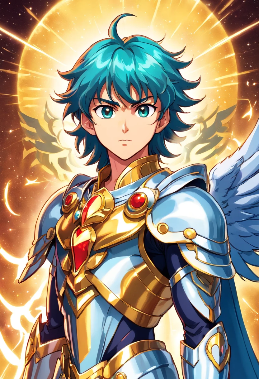Designer de personagens Menino de 16 anos vestindo armadura Pegasus ( Saint Seiya) cabelos curtos de penteados para cima