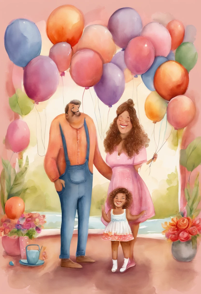 Family photo with a father, Moreno, alto e barrigudo, mami,de cabelos negros longo, cor da pele clara, estar gravida de 8 meses, in a ballroom. Dad should be wearing a pink polo shirt and jeans, And mommy must be wearing a floral dress in the pink ton. In the ballroom it should be lit with colored lights, should have balloons forming an arch. There should be a table with birthday cake. The couple should be hugging, and looking at the camera, sorrindo e parecendo feliz. Image should be high resolution, with fine details on the faces and clothes of family members, dedos detalhados, olhos detalhados