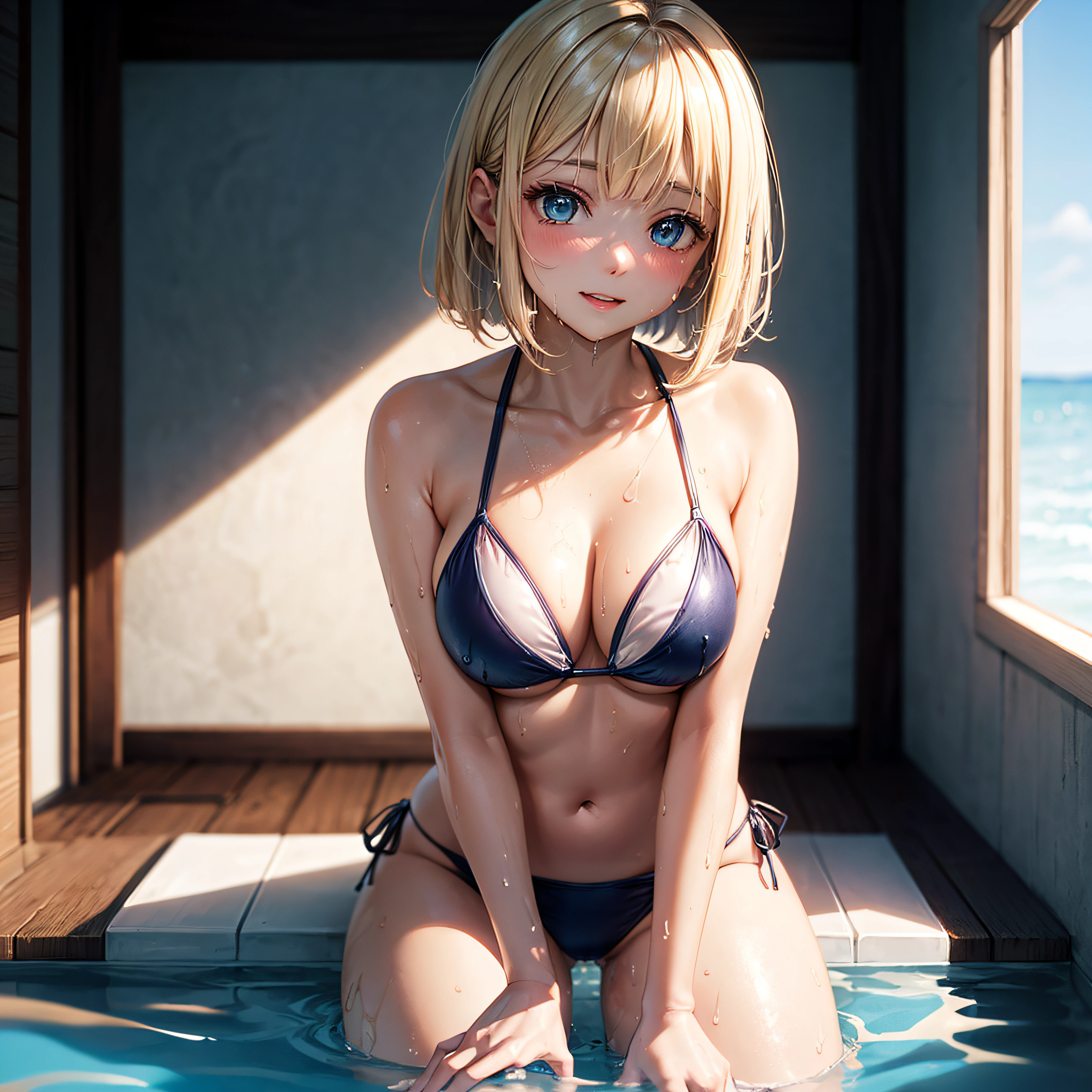 realisitic、top-quality、all-fours、((One Woman:1.5))、blonde  hair、a short bob、Blue Eyes、inside in room、Medium chest、PVC Bikini、swimming pools、Wet、maikurobikini