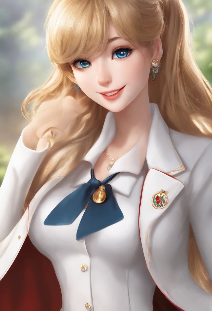 fechar para cima, 1 girl, dentista, Tsukino Usagi, (Uniforme de dentista Chiseki:1.2), (aqua eyes:0.9), blonde hair, medium hair, Saia de cunha, best quality, Brincos, master part, high resolution, detalhes intrincados, (Realistic)), fotografia, (luvas brancas de cotovelo:1.1), jewelries, medium breasts, corpo inteiro, Dynamic background, dynamic pose, Branco