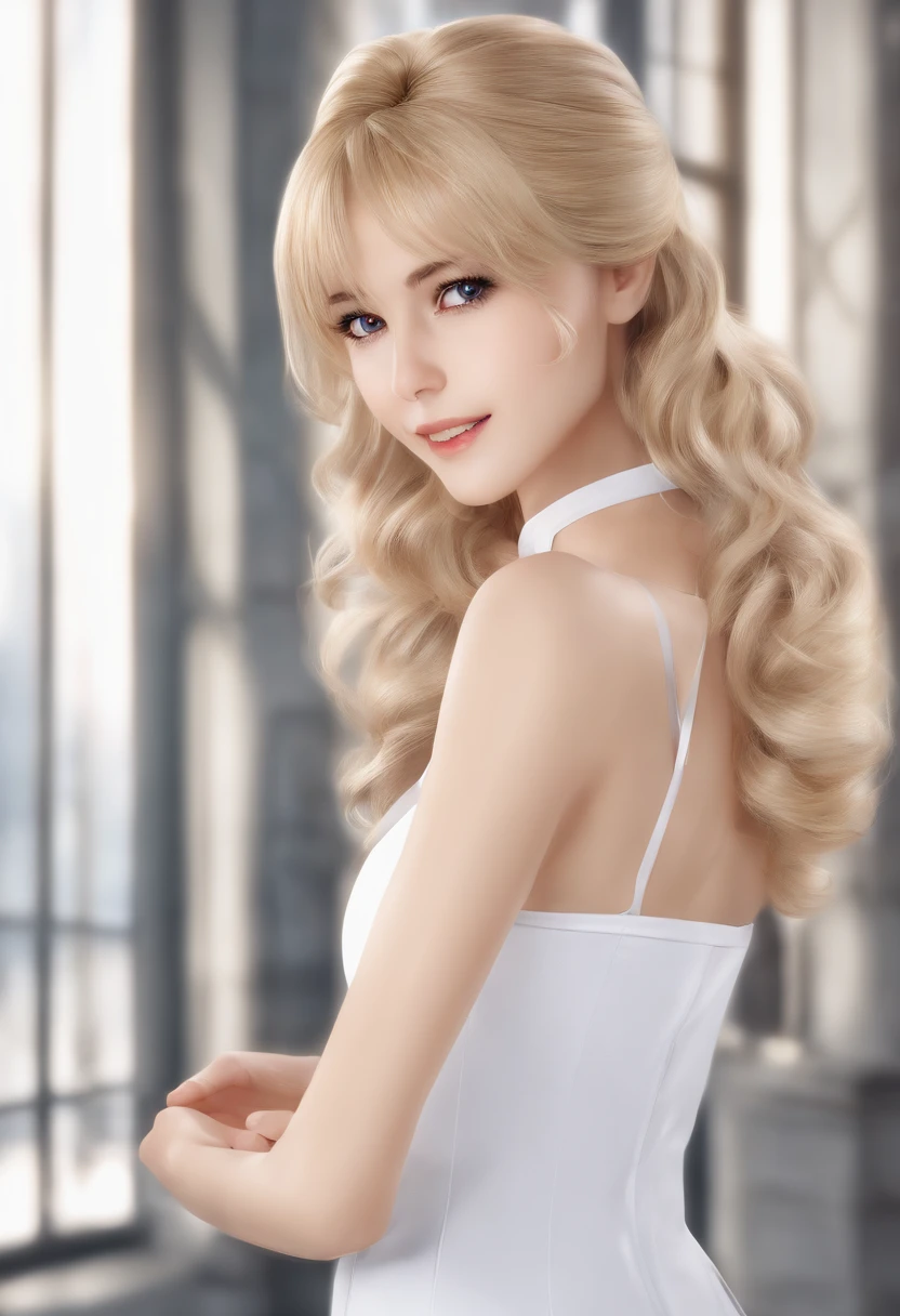 fechar para cima, 1 girl, dentista, Tsukino Usagi, (Uniforme de dentista Chiseki:1.2), (aqua eyes:0.9), blonde hair, medium hair, Saia de cunha, best quality, Brincos, master part, high resolution, detalhes intrincados, (Realistic)), fotografia, (luvas brancas de cotovelo:1.1), jewelries, medium breasts, corpo inteiro, Dynamic background, dynamic pose, Branco