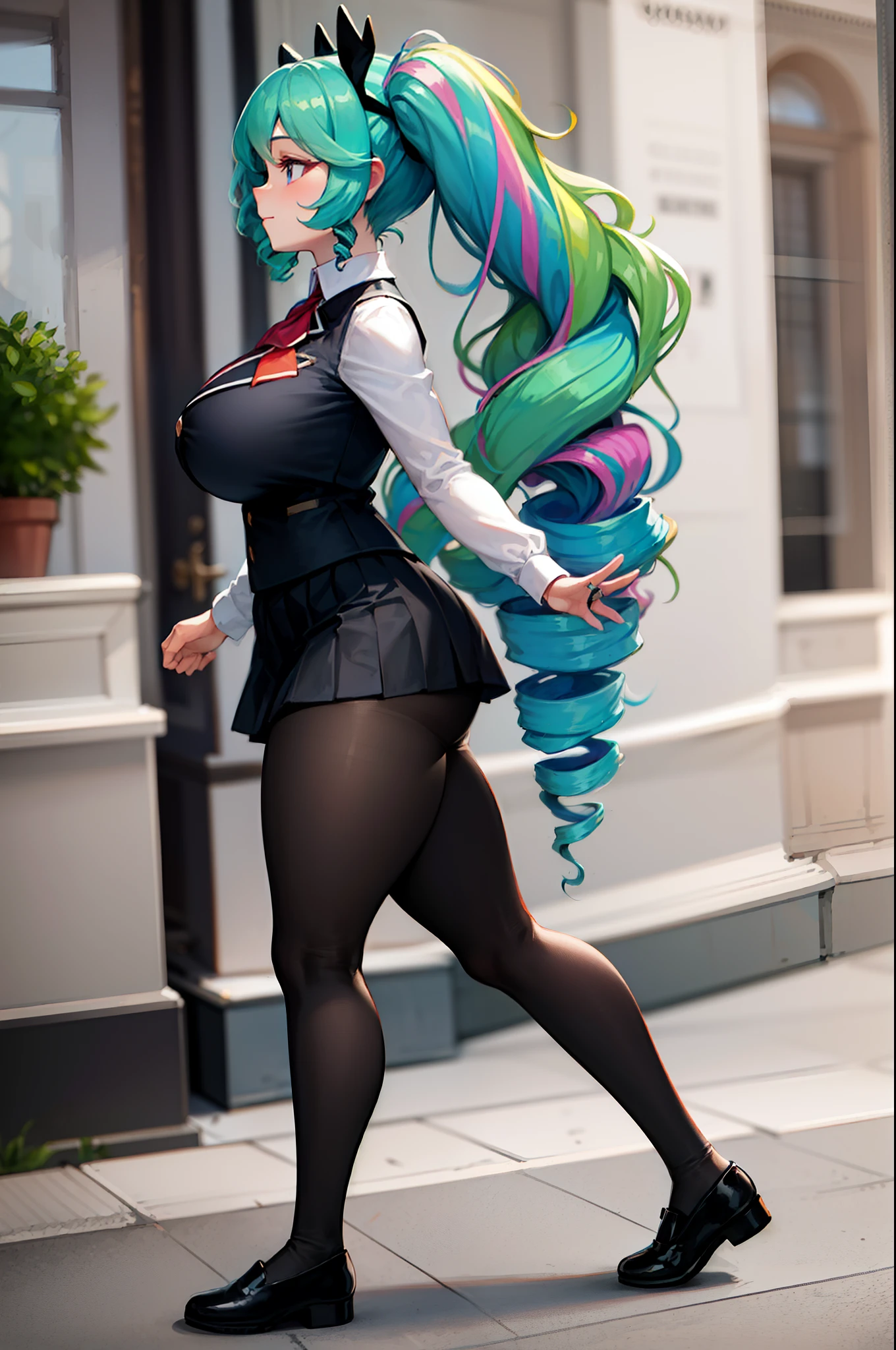 (from side), walking princess_celestia wearing a black school uniform, looking away, scene is city street, extremely long hair perfect anatomy tall solo curvy ((muscular)) leggings toned body, best quality, masterpiece, 1girl, solo, solo focus, giant curly twintail, (twintail, drill), ojou-sama, black school uniform, red cravat with a white cross on it, black pantyhose, brown mary jane shoes, a black pleated skirt, with stunning blue eyes, large breasts, thick thighs, standing,