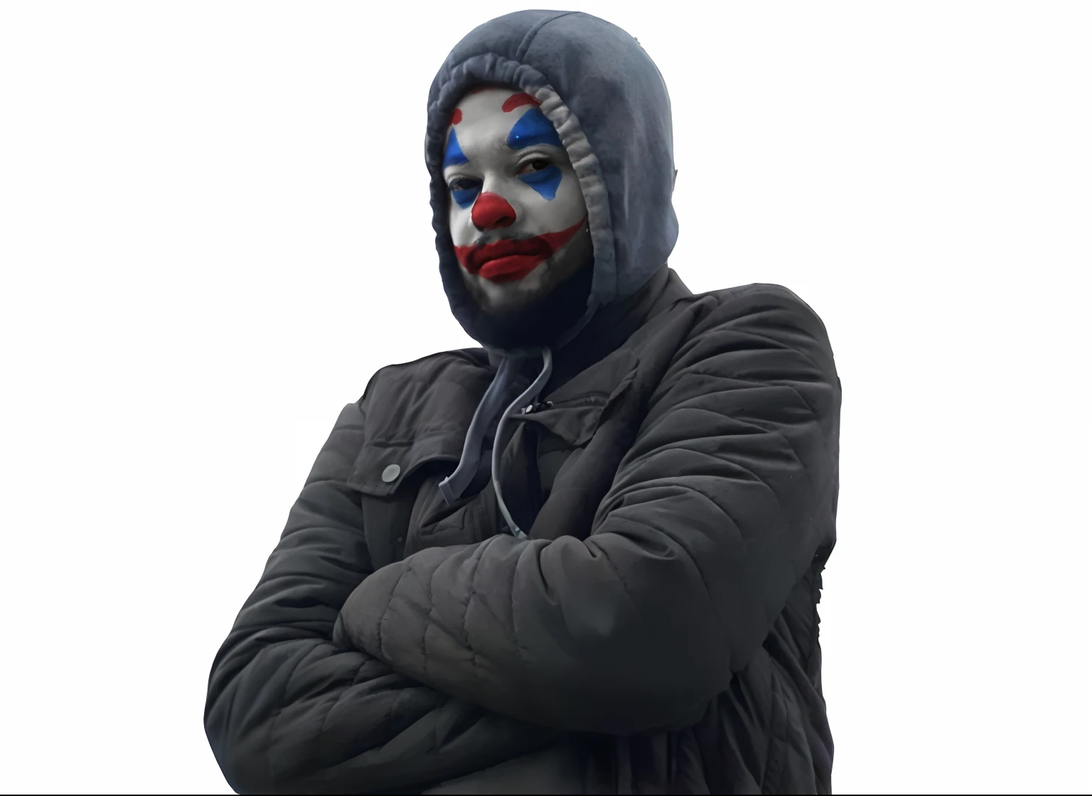 Man in clown mask with arms crossed, capitalist clown, the clown is far from the camera, de coringa (2019), Nikola Jokic como o Coringa, Coringa se parece com Naruto, personagem do filme, pessoa mascarada no canto, como o coringa, Ben Shapiro como o Coringa, Foto de perfil, Retrato de um Coringa, wearing accurate clown makeup