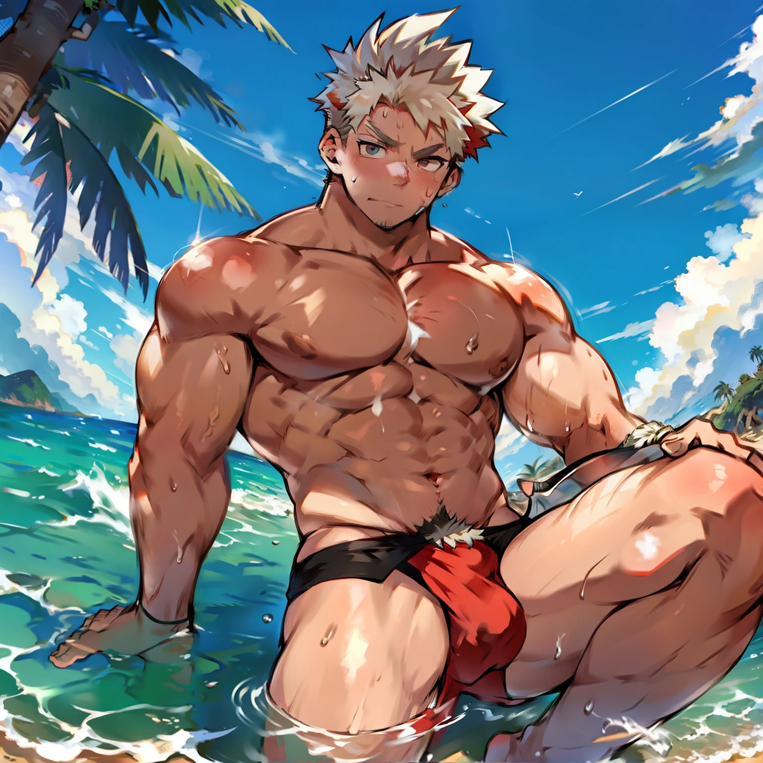 Bakugo de cueca transparente na praia