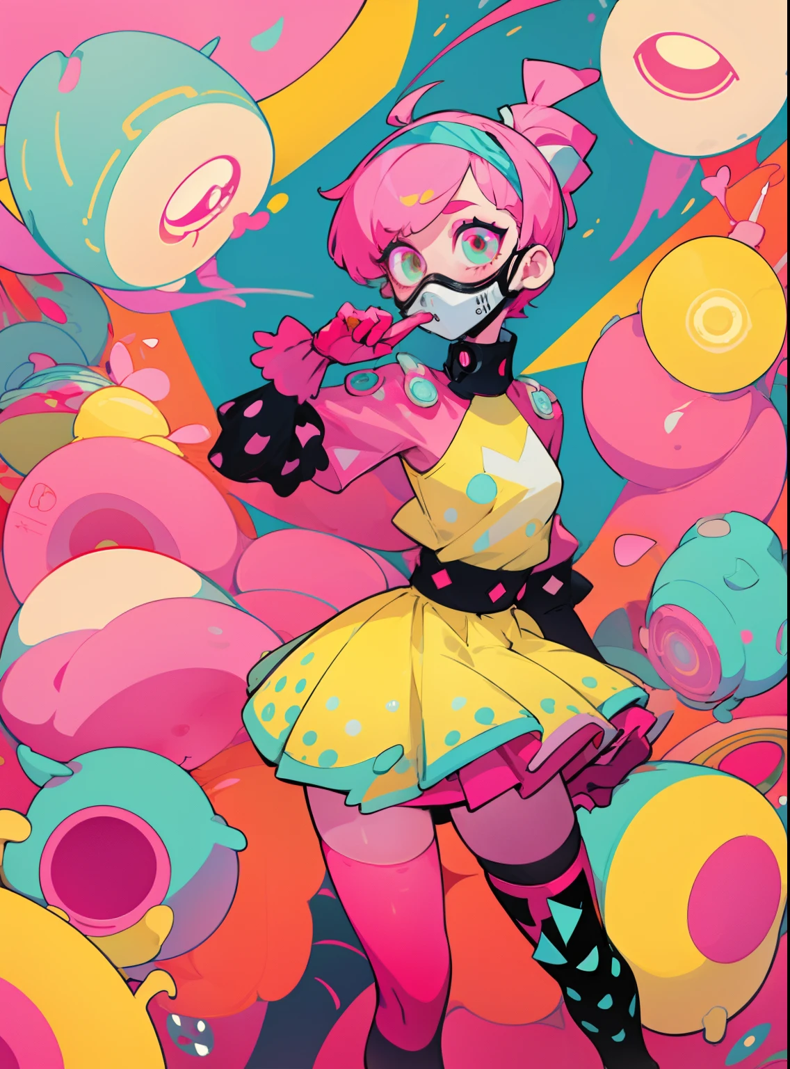 kpop girl with short nice fadecut pink hair, colorful glowing gass mask, lots of shapes attatched everywhere, random shapes mostly triangle, yellow skirt with polcadots, red gloves, and an 2 antena headband