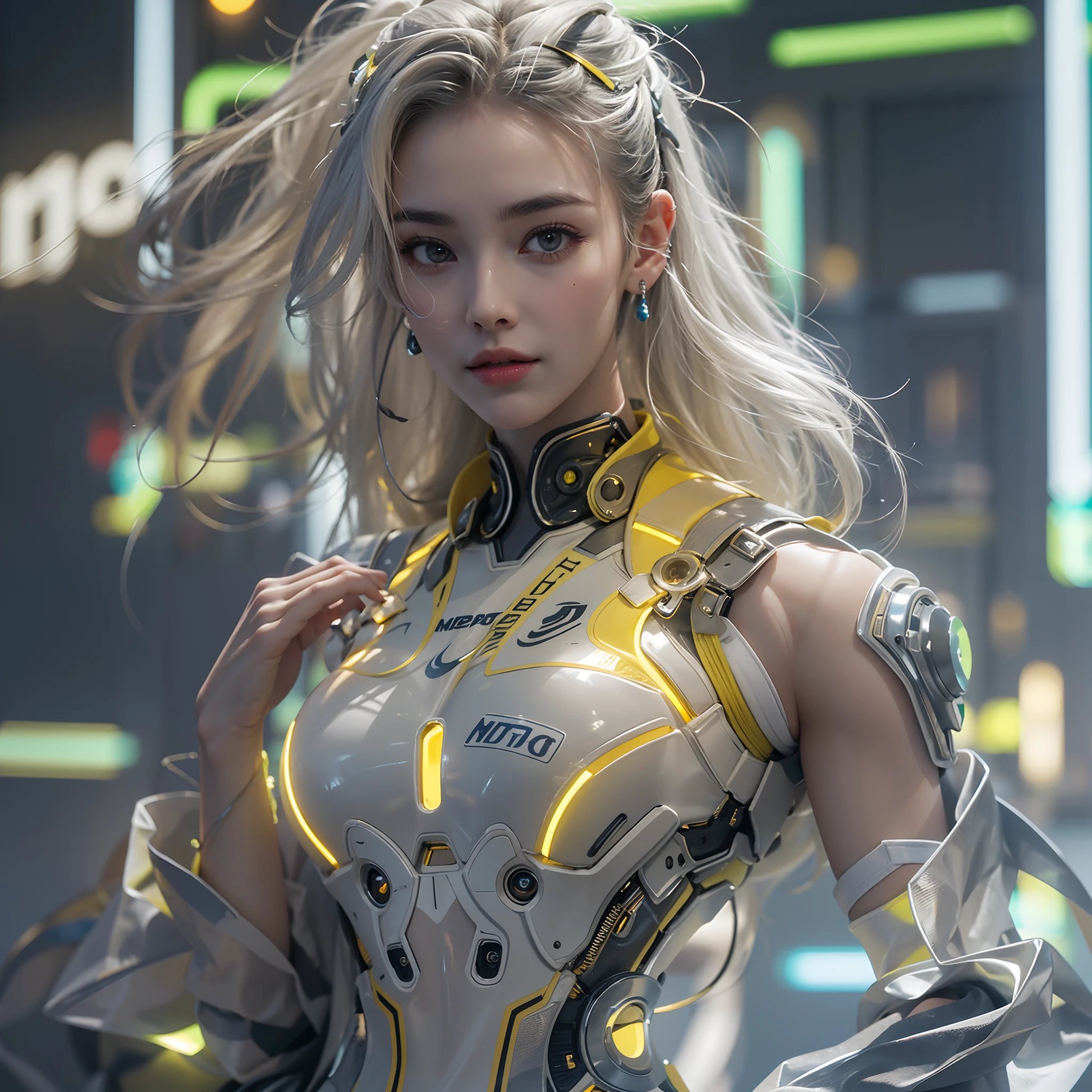 Best quality，tmasterpiece，Ultra-high resolution fills the picture，Indoor at night，Neon lights，Yellow color scheme，Rich egg yellow,Silvery-white hair，Yellow and white tights，Yellow and white color scheme clothing,Sporty skirts，the complex background，Weight instruments in the background，High-tech screen in the background，Lateral face，Smiling，Dress less，There are fitness elements in the rear，nike，nike,nike,Tech gym，Perfect makeup，Love eyes，8K quality，Cyberpunk，sense of science and technology，Character backlighting，rim-light，Movement changes，Flowing hairstyle，Loose hairstyle,The number of fingers is refined，6 avatar diagrams，Luminous stud earrings，Luminous digital necklace，Electronic digital watches，The most beautiful girl in mankind，Delicate close-up of the face，Realistic image quality，Super light and shadow，Very good figure，Meticulous，Arrow symbol，Brand sense，English slogan neon，Runway lights，Fitness gym at night，Very good figure，Raised sexy