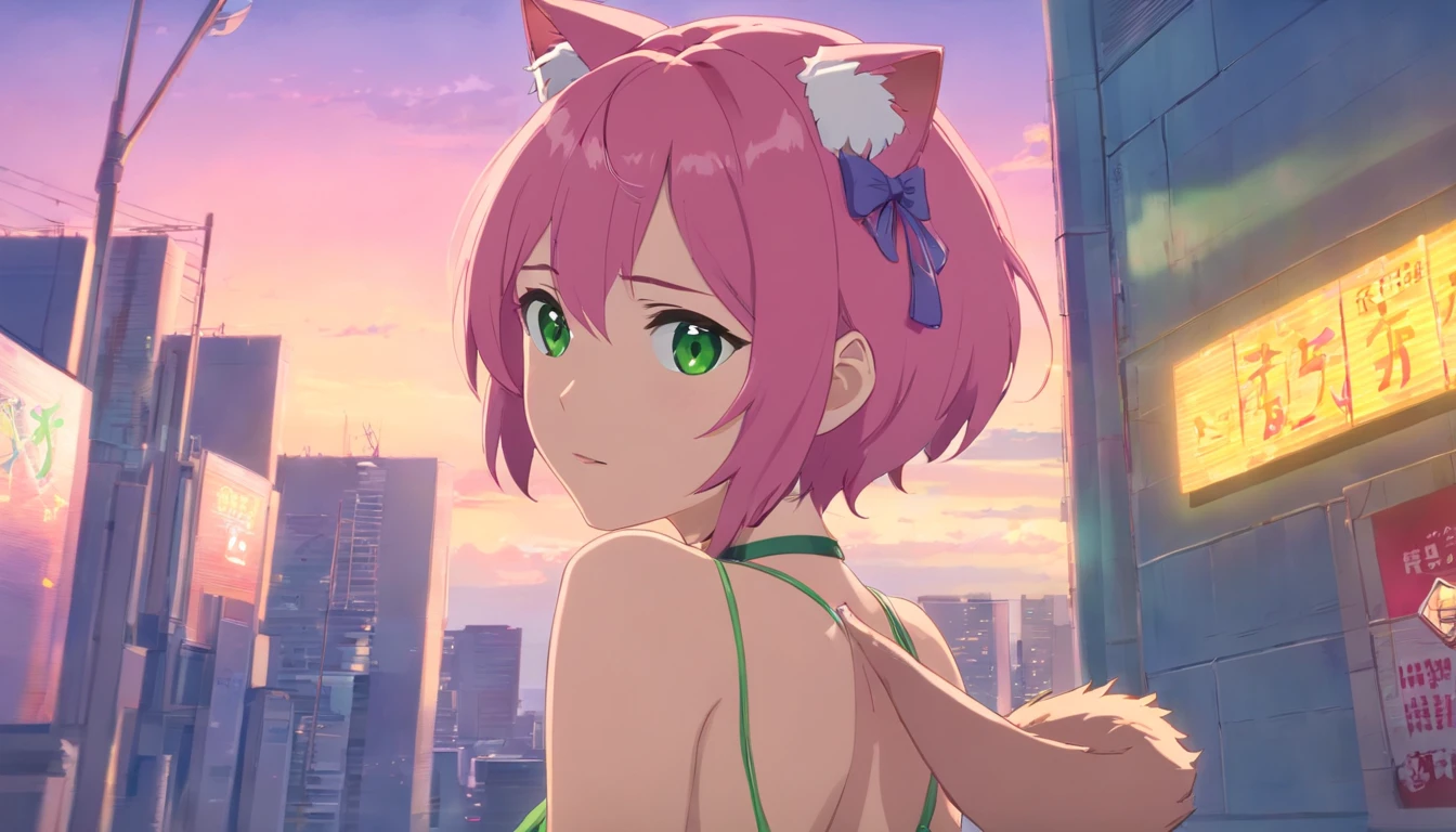 Anime girl with pink hair, cat ear, green eyes, sexy body, hubad
