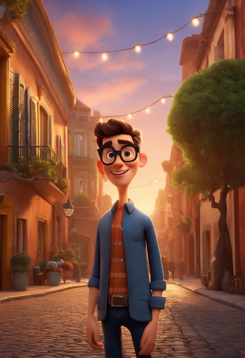 Create a Disney PIXAR-style 3D poster. Homem de corpo inteiro magro, cabelo preto escuros curto quase raspado, barba raspada, Wearing Frameless Glasses, holding a Nikon camera on a street at sunset. tudo isso no estilo Disney PIXAR 3D, In the background, uma rua de uma cidade com arquitetura antiga 3D render RTX material de argila, estilo de design cartunesco, POP Mart, soft lighting, linhas suaves, Spring tilt, Detailed illustrations of PIXAR 3D, Detalhes hiper-realistas, cor quente no estilo Disney PIXAR 3D)