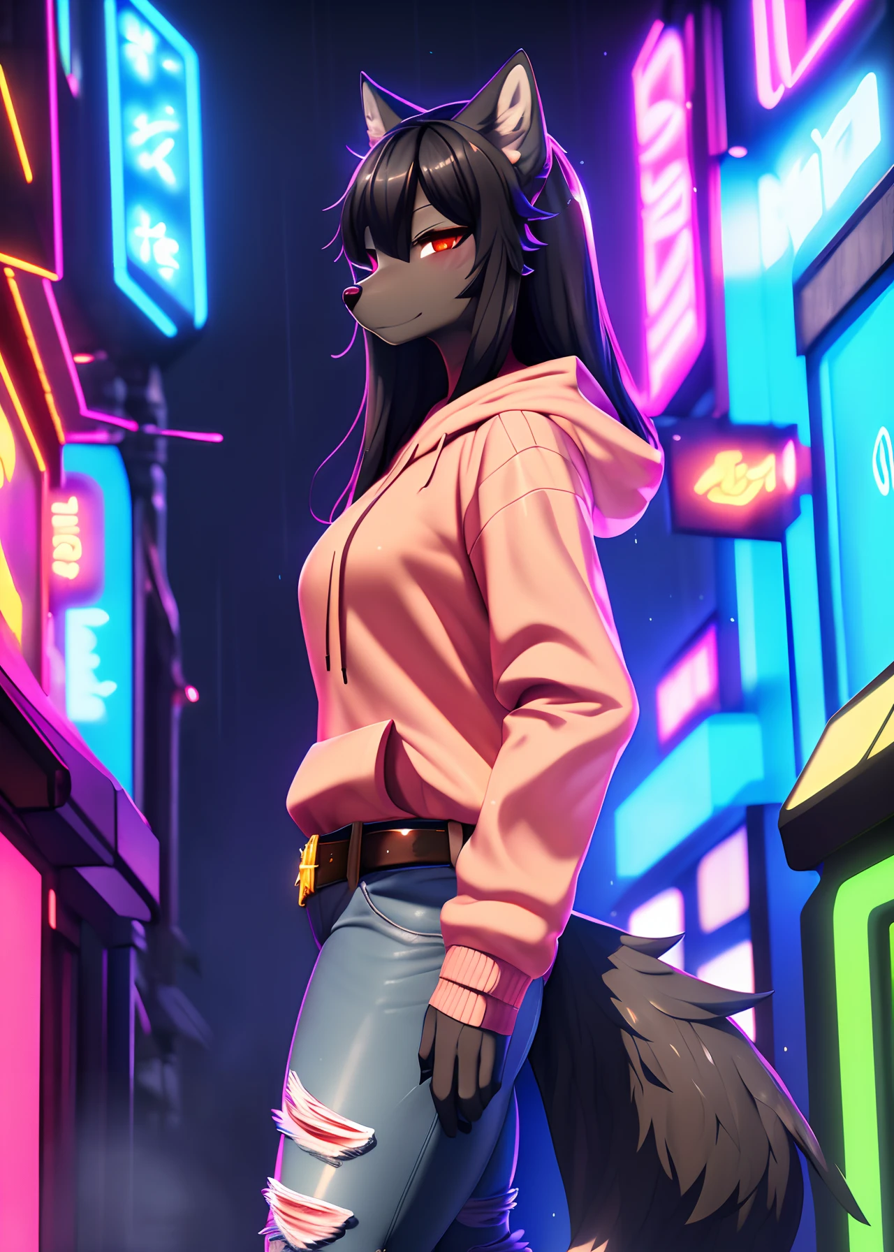 uploaded on e621, (by Whooo-Ya, by Sskomu \(artist\), by Kakure Eria),
solo female (((wolf Natasha) dark grey body, clear red eyes, long black hair, black wolf tail)),
(wear pink hoodie, ripped jeans, belt:1.3), (medium breasts),
((detailed fluffy fur)), (looking at viewer, three-quarter portrait, three-quarter view),
BREAK,
((standing at city street on sunset raining day)), (rain, fog, mist, cyberpunk, neon light),
(detailed background, depth of field, half body shadow, sunlight, ambient light on the body),
(masterpiece, best quality, ultra realistic, 4k, 2k, (high detail:1.3),
(3d \(artwork\):1.2), blender \(software\), (soft focus:1.2), ray tracing, (unreal engine:1.3), absurd res)