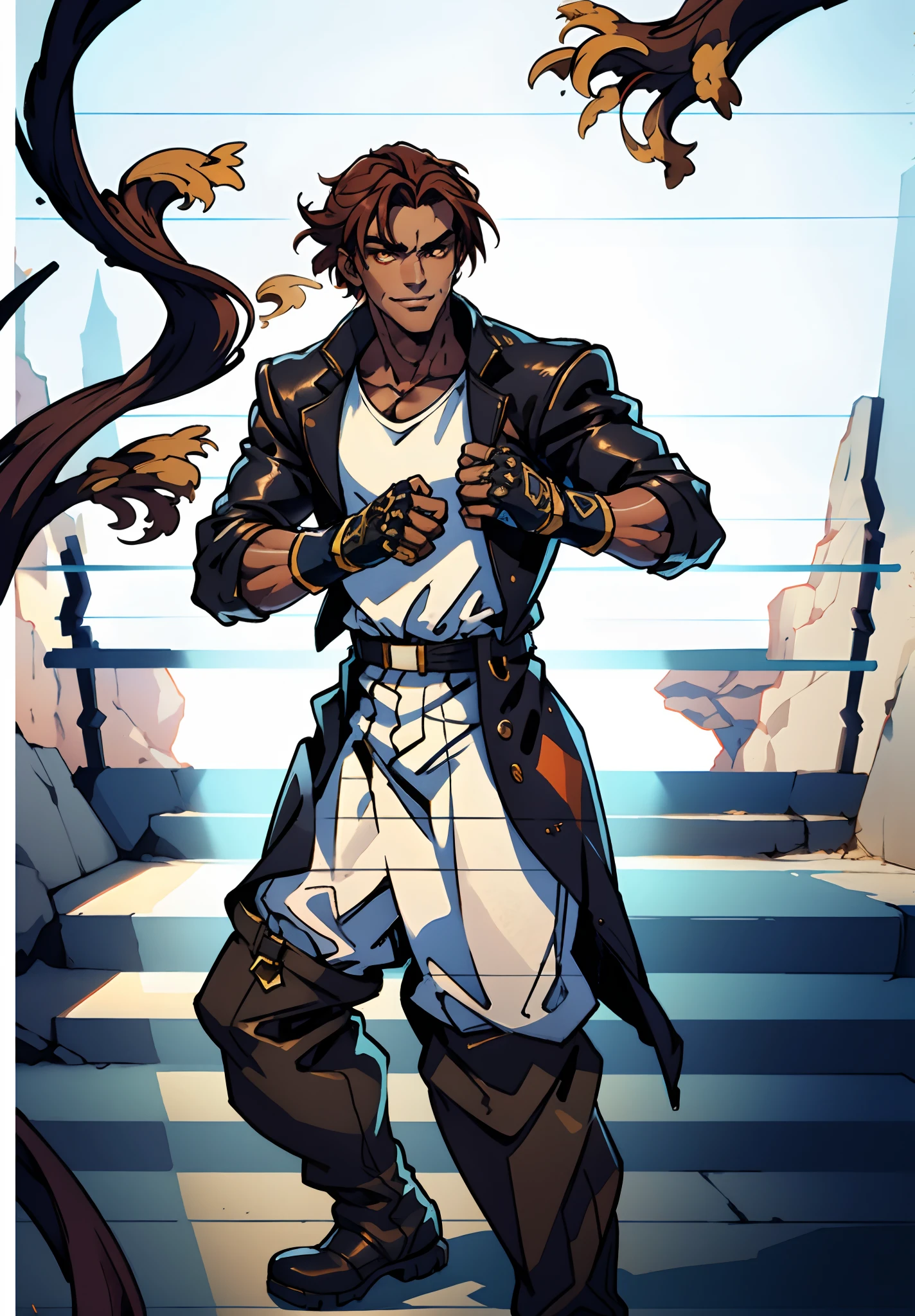 A young man, auburn hair, a center-parted back hairstyle, dark skin, narrow eyes, a cunning smile, a two-piece fantasy-reality style outfit, a white undershirt, a dark formal-style coat, wearing gloves, matching trousers with the outfit, has metallic-adorned knee-high boots, striking a boxing pose, against a background of horizon, this character embodies a finely crafted fantasy-reality style fighter in anime style, characterized by an exquisite and mature manga illustration art style, high definition, best quality, highres, ultra-detailed, ultra-fine painting, extremely delicate, professional, anatomically correct, symmetrical face, extremely detailed eyes and face, high quality eyes, creativity, RAW photo, UHD, 8k, Natural light, cinematic lighting, masterpiece-anatomy-perfect, masterpiece:1.5, tan skin