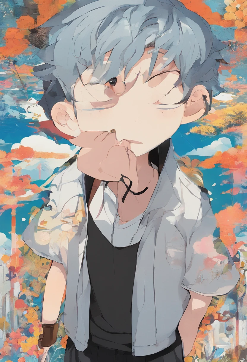 create an image in the Disney/Pixar movie poster style of A 37-year-old man, white, somewhat fat, dark brown eyes, hair with small black curls, haircut with shaved sides, no beard, wearing a thin silver chain around the neck, wearing a beige shirt and black shorts, with arms crossed, with an upset expression on a blue background