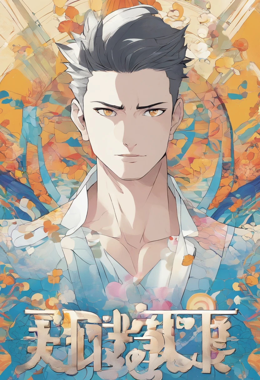 create an image in the Disney/Pixar movie poster style of A 37-year-old man, white, somewhat fat, dark brown eyes, hair with small black curls, haircut with shaved sides, no beard, wearing a thin silver chain around the neck, wearing a beige shirt and black shorts, with arms crossed, with an upset expression on a blue background