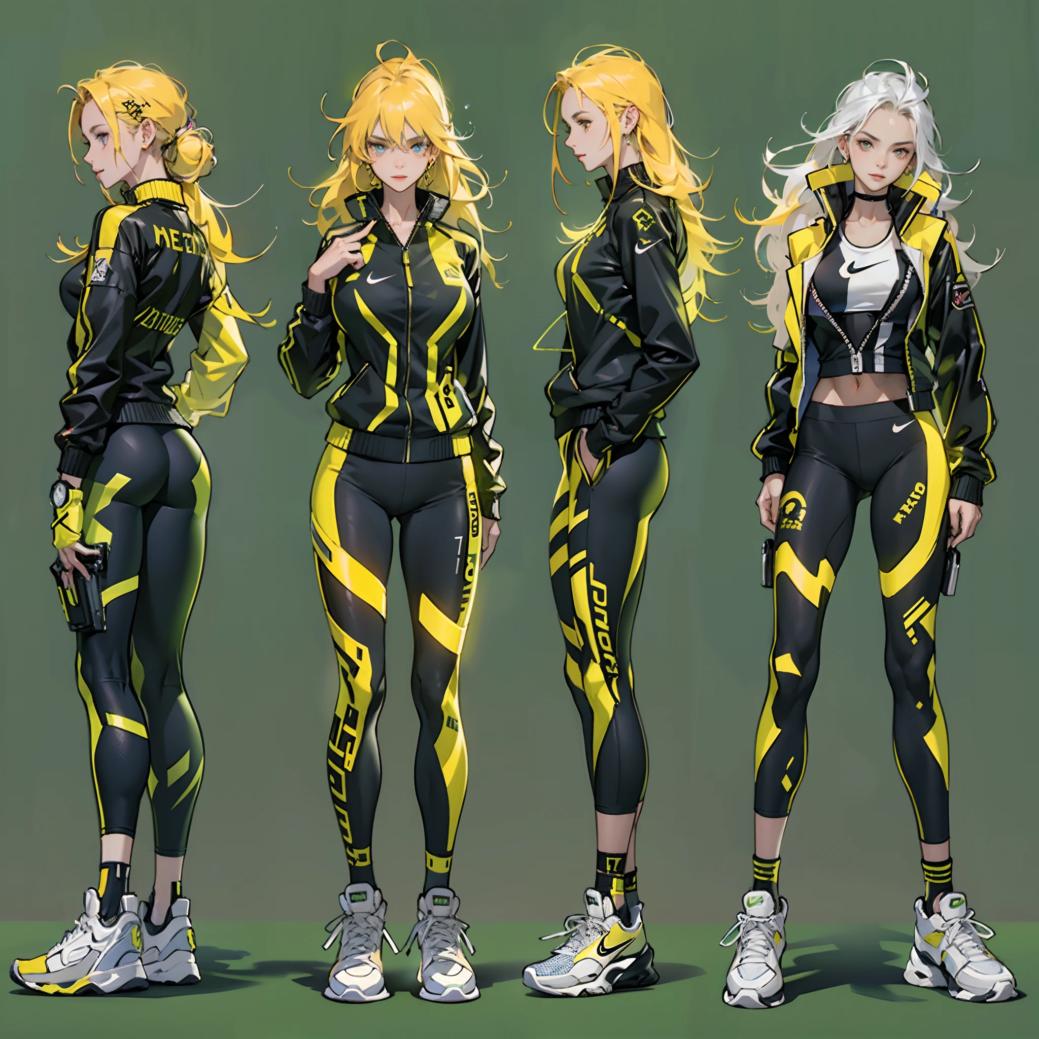 Best quality,tmasterpiece,Ultra-high resolution fills the picture,Indoor at night,the night,Indoor neon lights,Yellow color scheme,Rich egg yellow,Silvery-white hair,Yellow and black tights,Yellow and black color scheme clothing,Sporty skirts,the complex background,Gym interior background,Weight instruments in the background,High-tech screen in the background,Lateral face,Smiling,Dress less,There are fitness elements in the rear,nike,nike,nike,Tech gym,Perfect makeup,Love eyes,8K quality,Cyberpunk,sense of science and technology,Character backlighting,rim-light,Movement changes,Flowing hairstyle,Loose hairstyle,The number of fingers is refined,Full body in camera,9 doppelganger diagram,Luminous stud earrings,Luminous digital necklace,Electronic digital watches,The most beautiful girl in mankind,Delicate close-up of the face,Realistic image quality,Super light and shadow,Very good figure,Meticulous,Arrow symbol,Brand sense,English slogan neon,Runway lights,Fitness gym at night,Very good figure,Raised sexy,luminous,Faraway view,Full body in camera,独奏,There is only one character,femele