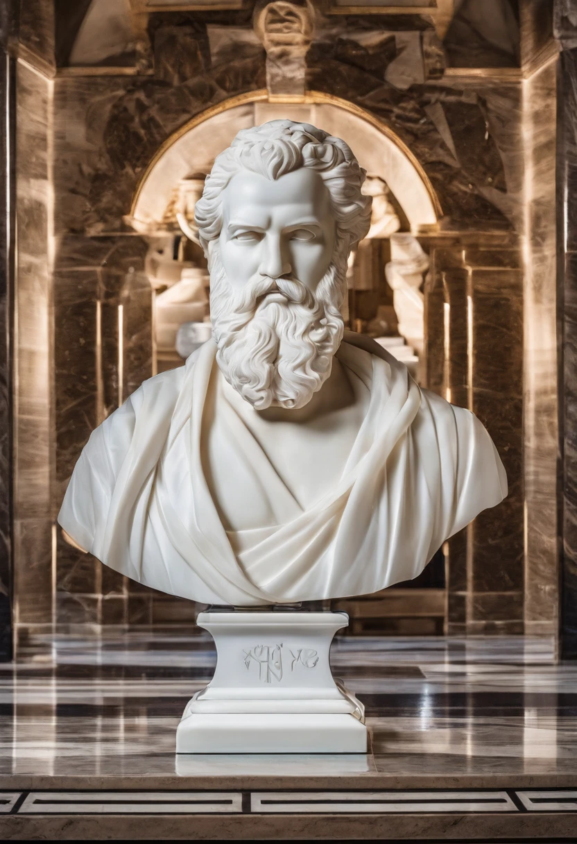 White marble statue of the bust of the wise man with the style of the bearded Greek philosopher in the museum. atmosfera escura, alto contraste de luz e sombra, fotografia profissional, utrarealista, light volumetric, cinemactic