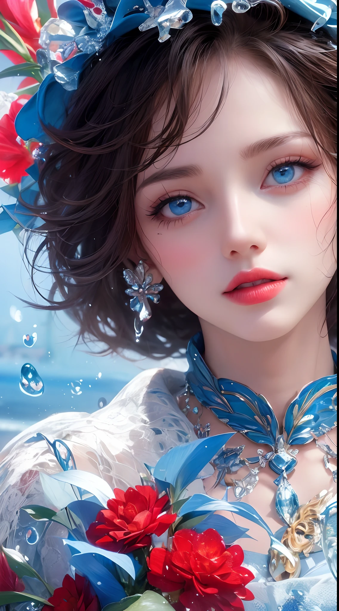 A beautiful woman face close up, seductive look, sharp face, blue eyes,red lips, Majestic artistic look,water pouring on her face, ultradetailed, perfect composition