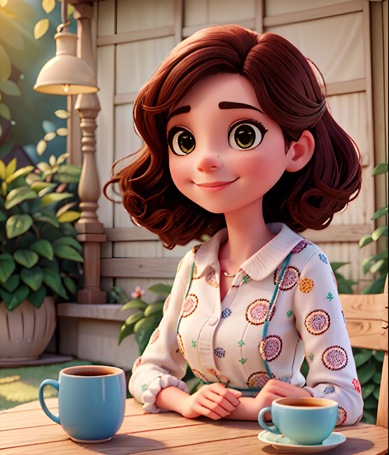 Pompt Disney pixar Beautiful Brazilian woman sitting and drinking coffee at garden table of her house Cute face, cabelo lisos muito negros corte reto batendo no ombro e com uma franja. Cabelos estilo japonesa com olhos castanhos e bochechas muito rosadas, Wearing a polka dot dress covering her lap looking at you with loving eyes and a soft smile, profundidade de campo rasa, Cinematic light, luz suave, retroiluminado, micro-detalhes, renderizado, fotorrealista, cinemactic, 85mm 1.4