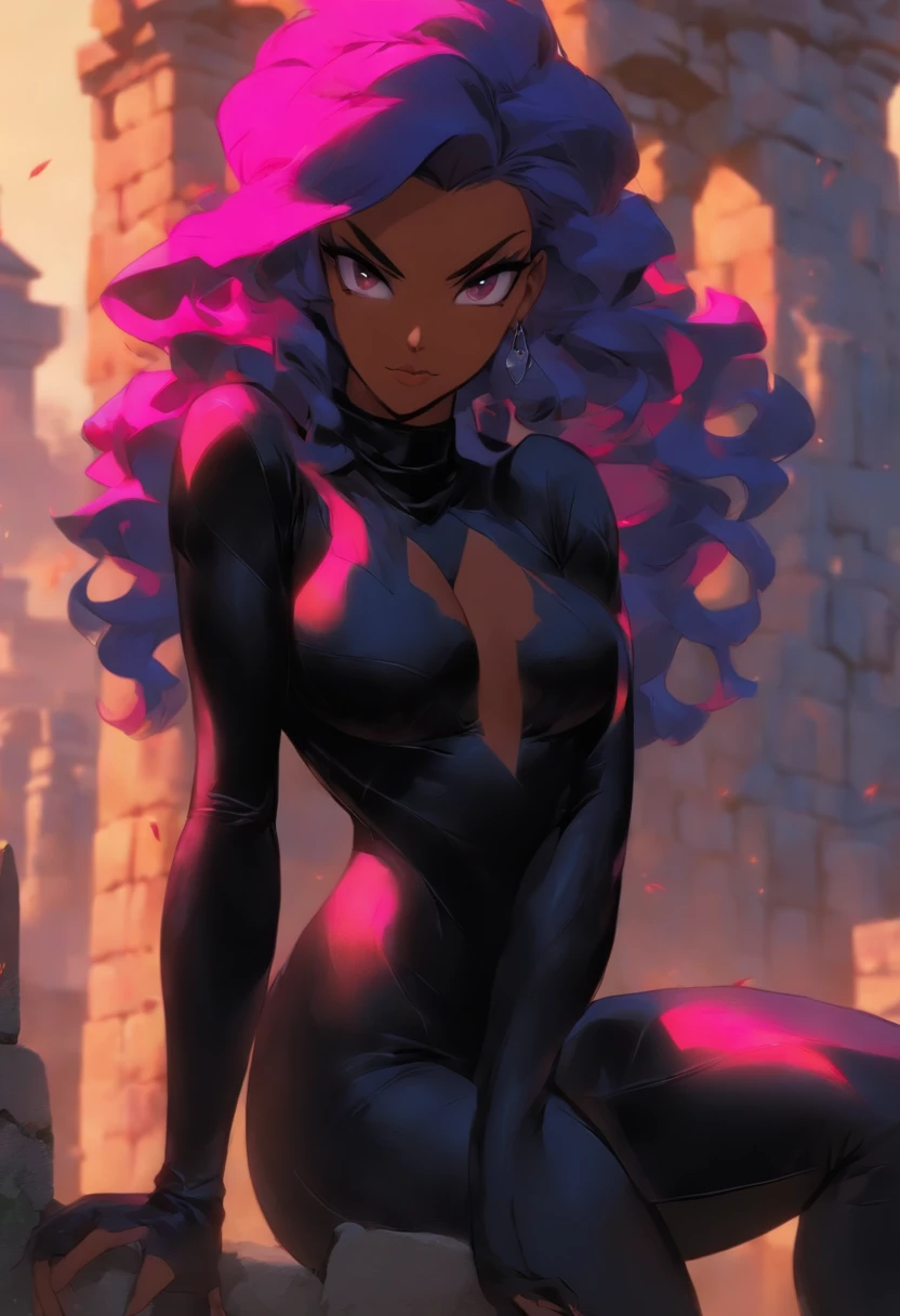 Mature woman, 30 years old, Blue skin color, blue skin, Pink eyes, dark purple hair, sitting on the stone ruins of an ancient castle, dressed in tight leather clothes with a cape, wearing a black crown, big tits, she has big tits, ((((seios gigantescos)))), coxas grossas e uma bunda enorme, bunda inchada e grande, (((Black bodysuit, painted on, fully covered, black leather)))