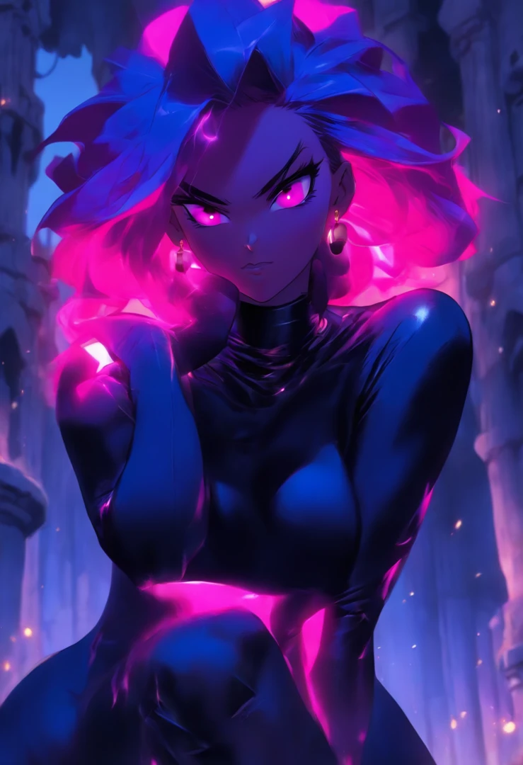 tall woman, with bluish skin, sitting on a stone throne inside a ruined castle, dominated by nature, poor lighting, gloomy place, She has a black iron crown With a purple jewel, His Expression is malicious, his eyes are purple, his lips have black lipstick, She is wearing a special type of clothing, it is purple skin that covers her entire body, this skin that covers her body is dark purple, he She has dark pink hair, her appearance is evil, She is totally seductive, her breasts are big, big breasts, huge breasts, thick thighs, big thighs, thick body Big ass, big glutes, big ass, silicone, She is sitting in a teasing way, the ruined castle has a shadowy sphere, {Best quality} {Masterpiece} {frontal focus} {focus on the woman} {poor lighting} {sexy woman}