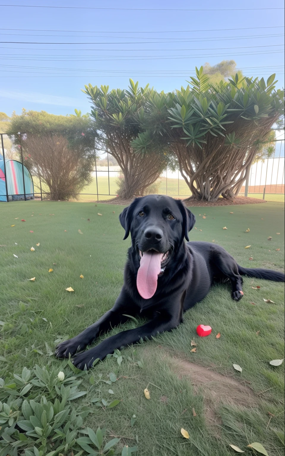 There's a black dog lying on the grass with a pink tongue, Labrador, lab in the background, Retrato do Labrador preto, cane, labrador, Enevoado, O melhor, pimenta, Tomado com Sony Alpha 9, muito bonito, black dog, portrait big dark dog, um bonito, a foto mostra um grande, Directed by: Luis Miranda, pet animal, canino