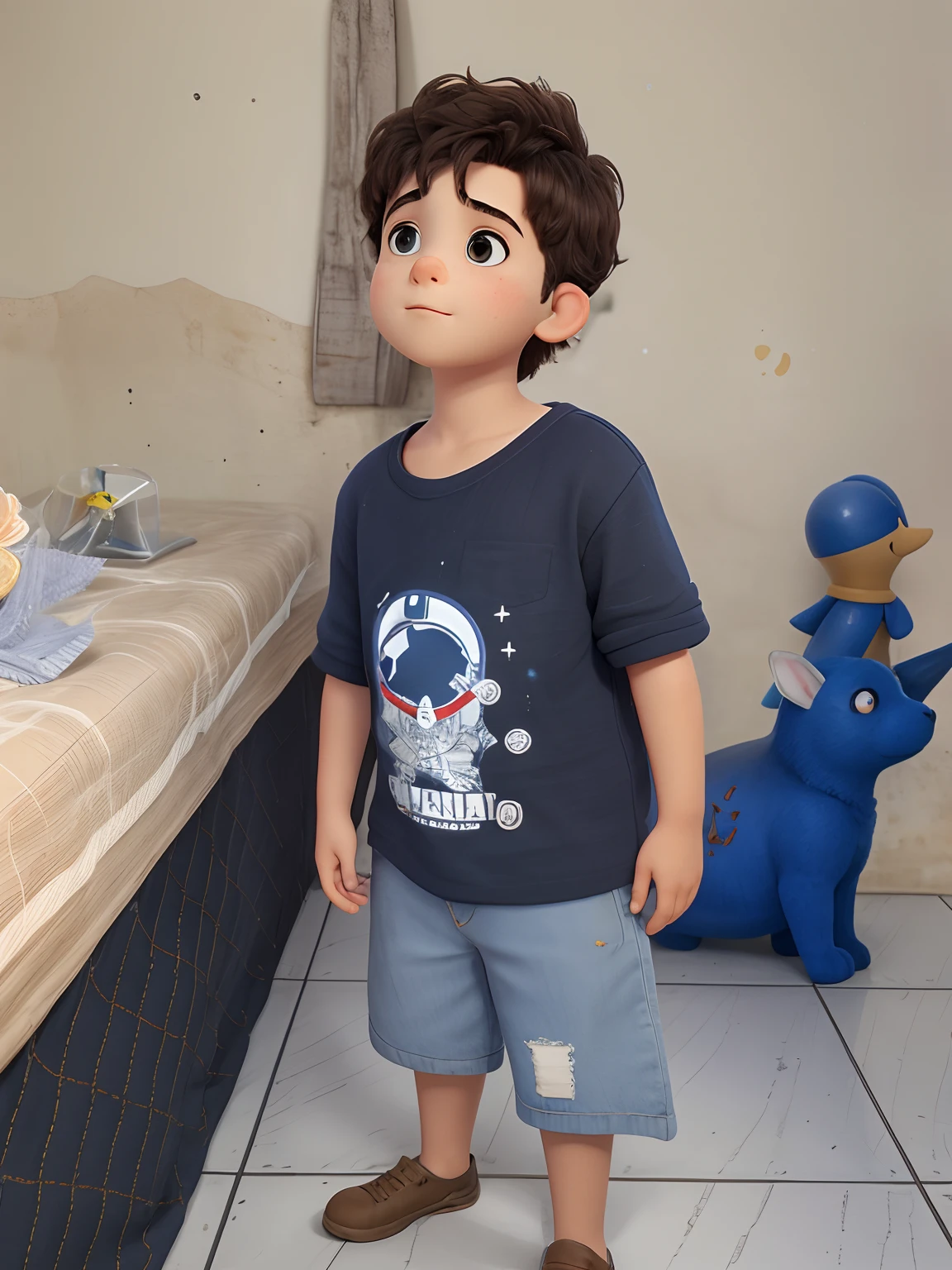 There's a boy standing. Eo fundo brinquedos de astronomia