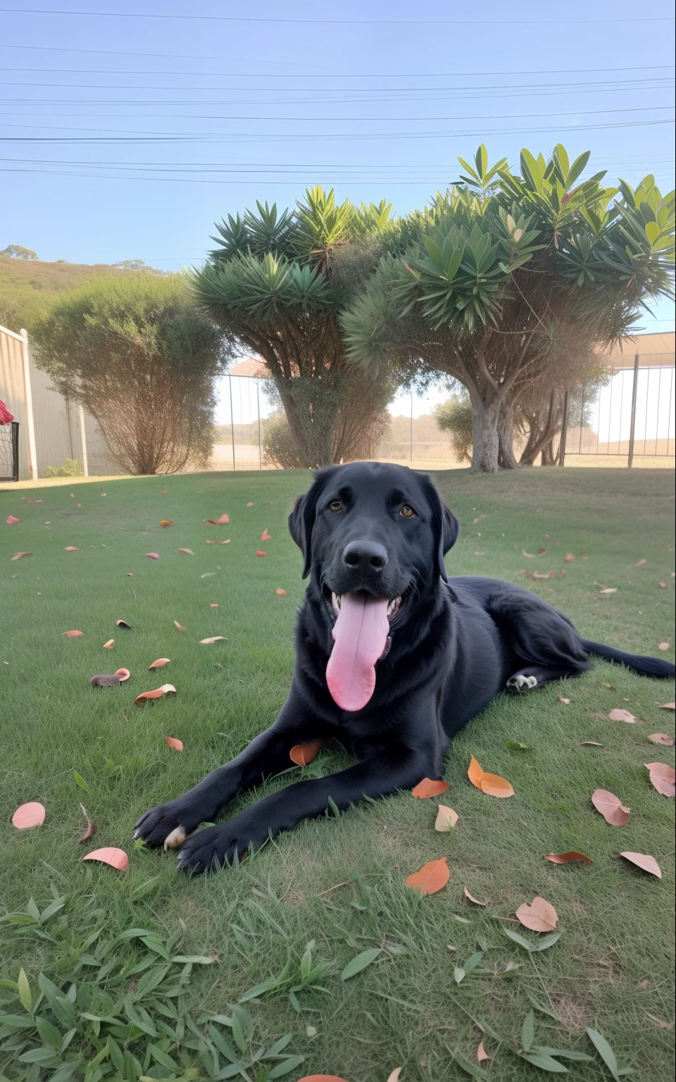 There's a black dog lying on the grass with a pink tongue, Labrador, lab in the background, Retrato do Labrador preto, cane, labrador, Enevoado, O melhor, pimenta, Tomado com Sony Alpha 9, muito bonito, black dog, portrait big dark dog, um bonito, a foto mostra um grande, Directed by: Luis Miranda, pet animal, canino