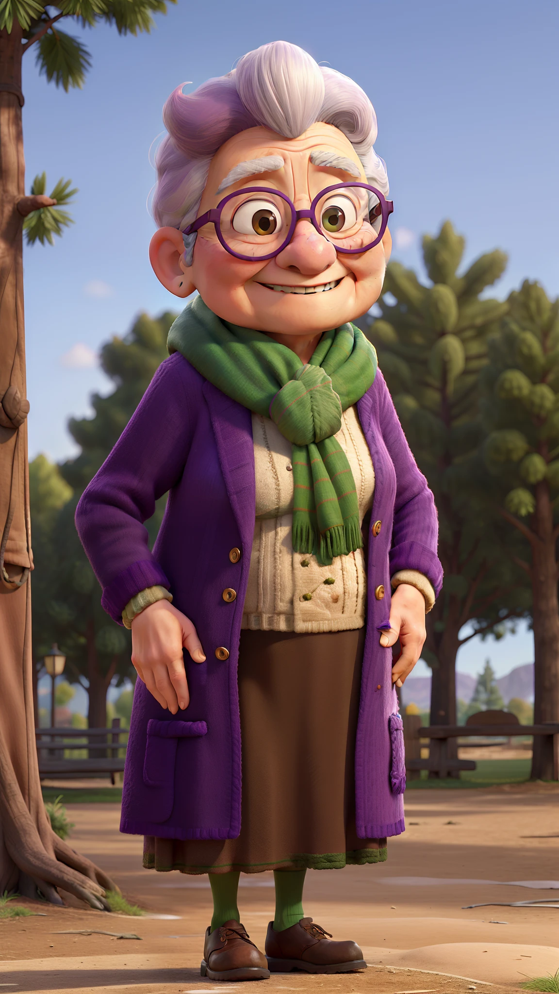 masterpiece, best quality, an old woman with glasses and a scarf on, wearing a purple coat and green scarf, standing at the park
