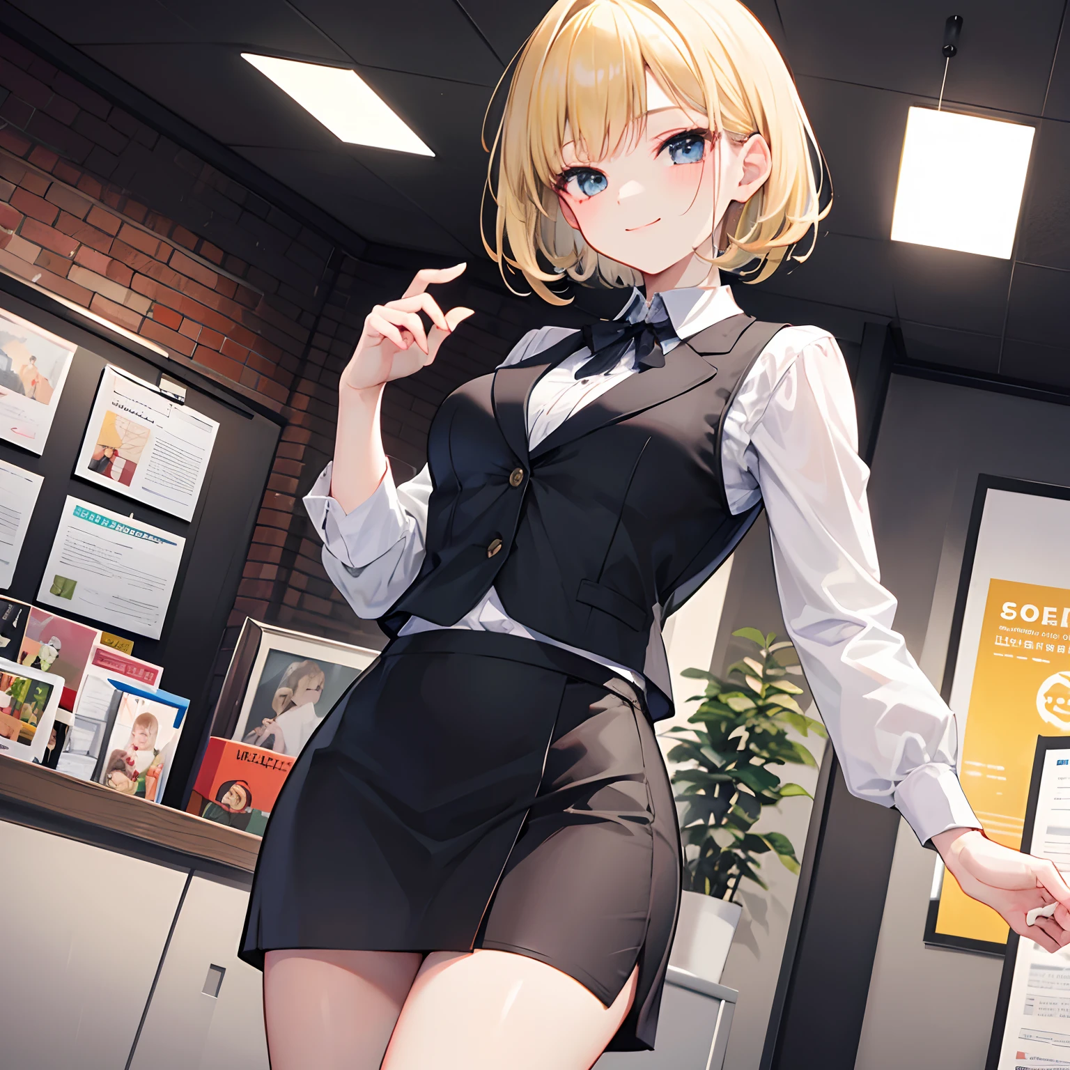 Masterpiece, 1 girl, smiling, black wrap skirt, black vest, chillerism, short blonde hair, office