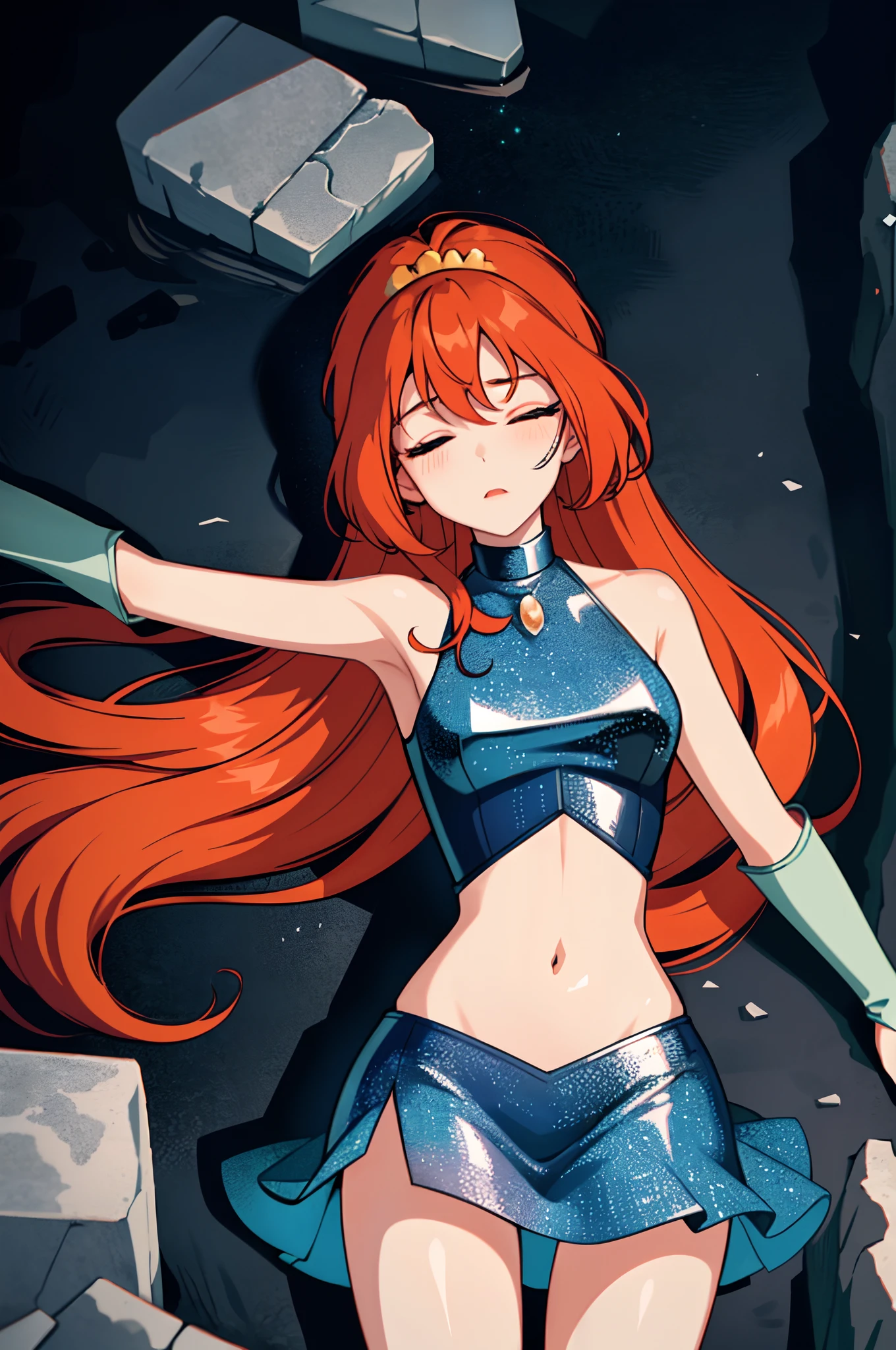 Bloom is lovingly languid and torpid on the ground after losing a tough battle and being thrown harshly in a dark cave. Bloom can't move from her prone position and unable to breath or open her eyes. Her croptop and skirt are ripped and has small cuts and marks over her skin. (Bloom), (tousled orange hair, blue eyes, bangs, long hair, black cuts and marks all over), (fairy outfit), (ripped blue croptop, sleeveless, midriff, large breast, arms on her side, slender legs, shredded short blue skirt, sparkling clothing, fairy wings, tiara, thrown harshly into a deep lake, languid and enervated  and torpid on the cave ground), (Bloom languid, prone defeated:1.5) (black background, cave walls, sparse holes:1.3), (Shoujo anime style:1.4), (masterpiece:1.2), (Bloom prone on the ground:1.4), (full-body-shot:1),(Cowboy-shot:1.2), grey lighting, dark oppressive lighting, (highly detailed:1.2), (detailed face:1.4), (gradients), closed, shut eyes, head on the ground, shallow breathing , (detailed landscape:1.2), (natural lighting:1.2), (dynamic passed out pose:1.6), (solo, one person, 1girl:1.5),