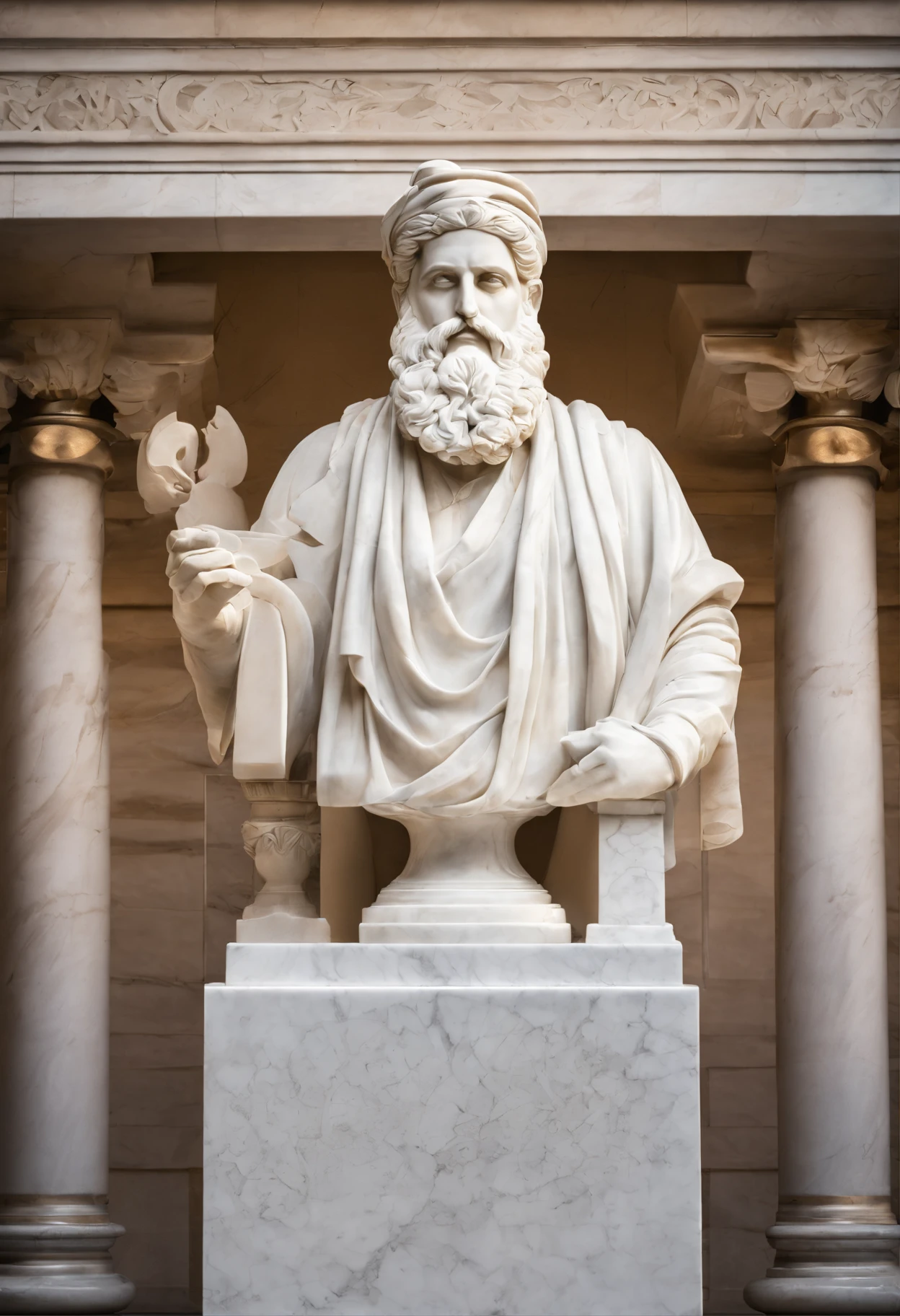 White marble statue of the bust of the wise man with the style of the bearded Greek philosopher in the museum. atmosfera escura, alto contraste de luz e sombra, fotografia profissional, utrarealista, light volumetric, cinemactic