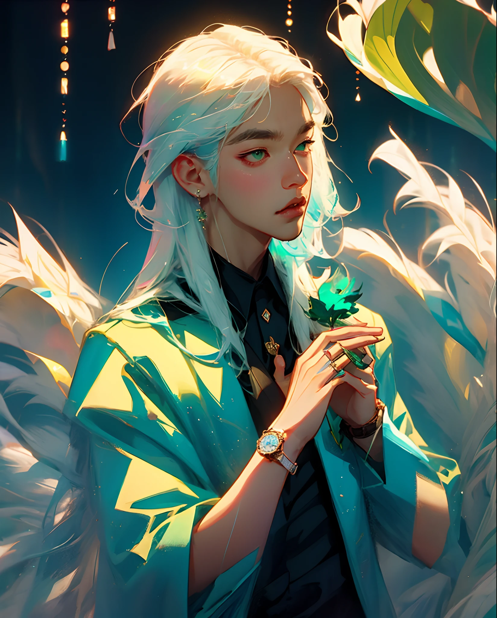 Joohoney from MONSTA X wearing a blue and green tuxedo with white peacock feathers on it. He has white hair with it being combed over to the side. He’s looking at the watch on his wrist