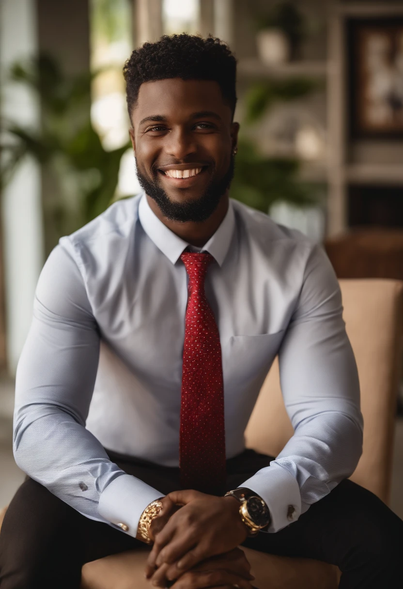 Homem africano, Cinquenta, Olhos Pequenos, leve sorriso, cabelos grisalhos, fantasia, na frente do computador, Imagem Comercial, Realista, foto HD, alta resolução, fantasia, camisa, amarrar, s office, Computadores, terno preto, Camisa azul, amarrar, Vermelho, African Pattern Tie, hands on the table, idoso;
